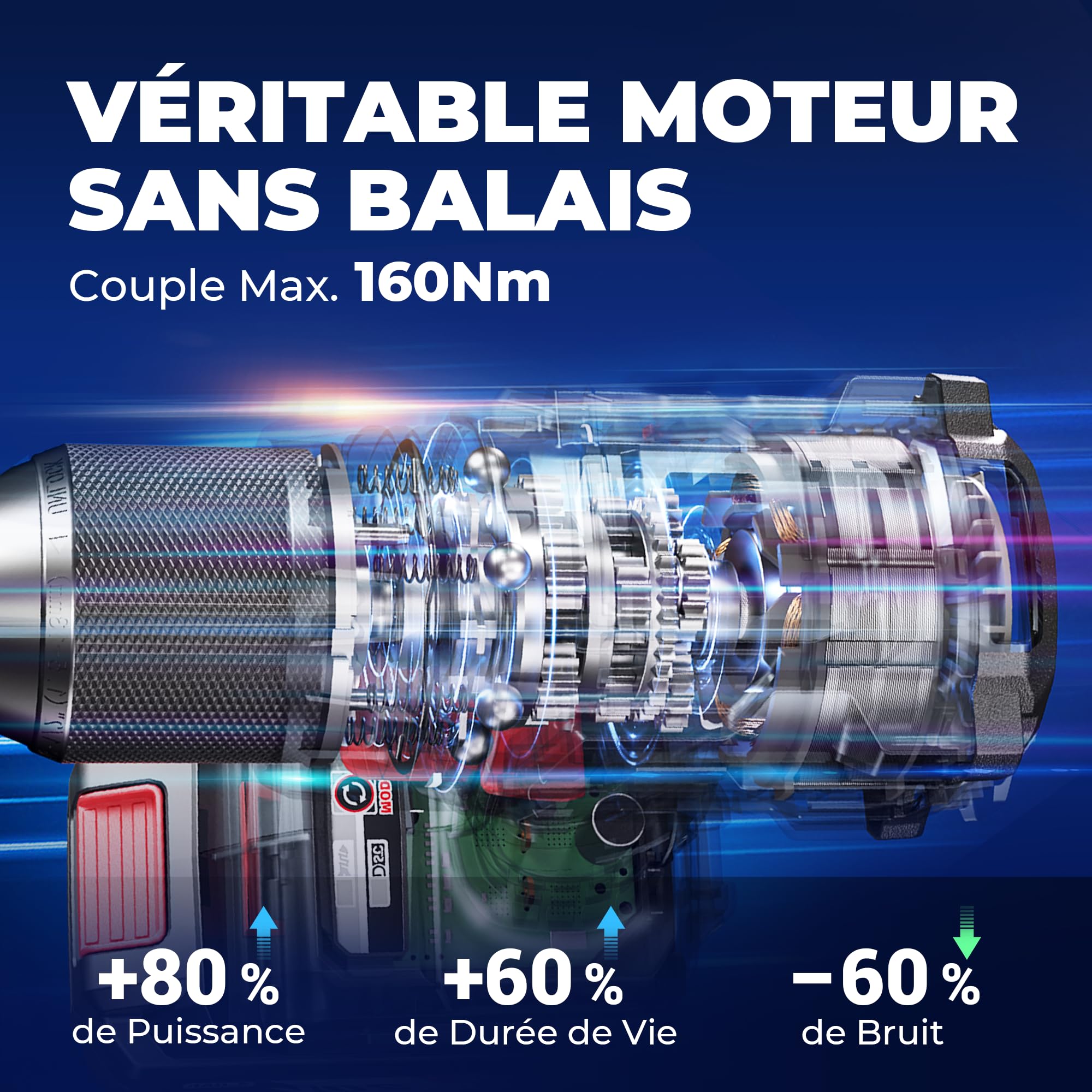 Dong Cheng Perceuse visseuse à percussion sans fil Brushless 20V 160 Nm, 2×4,0 Ah, 3 Modes-vissage, perçage et percussion, Mandrin Métal 13 mm, 2 Vitesses, Réglage du Couple 19+2, avec Coffret