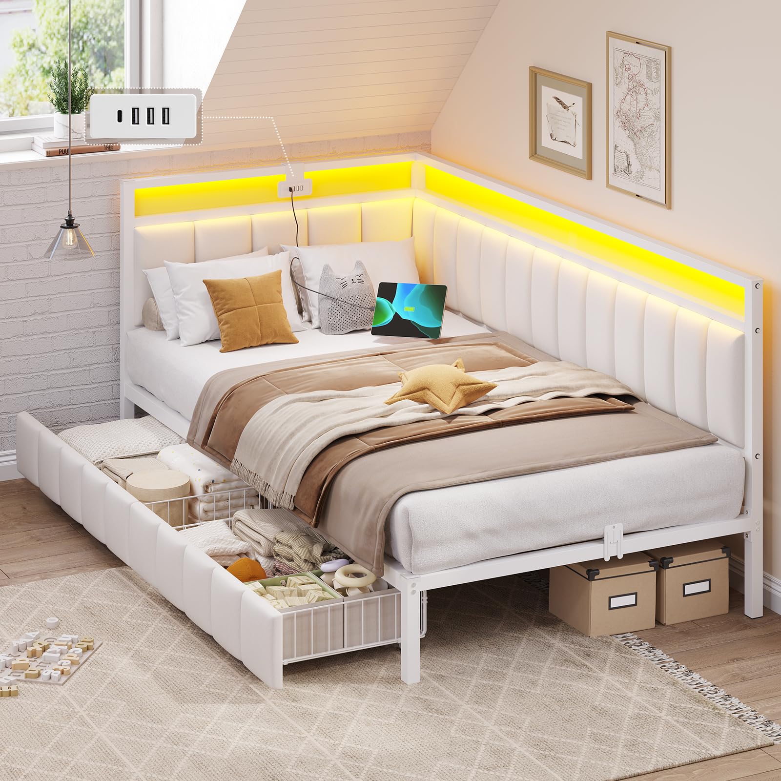 DICTAC Polsterbett Schlafsofa mit LED-Beleuchtung,USB-Ladestation und 2 Schubladen
