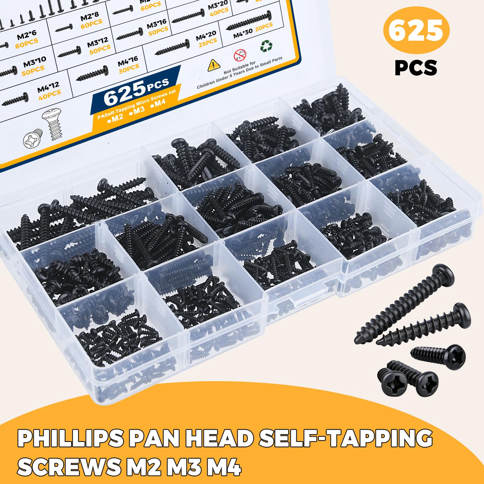 625 Pcs Self Tapping Screws - M2, M3, M4 for Plastic & Metal -2