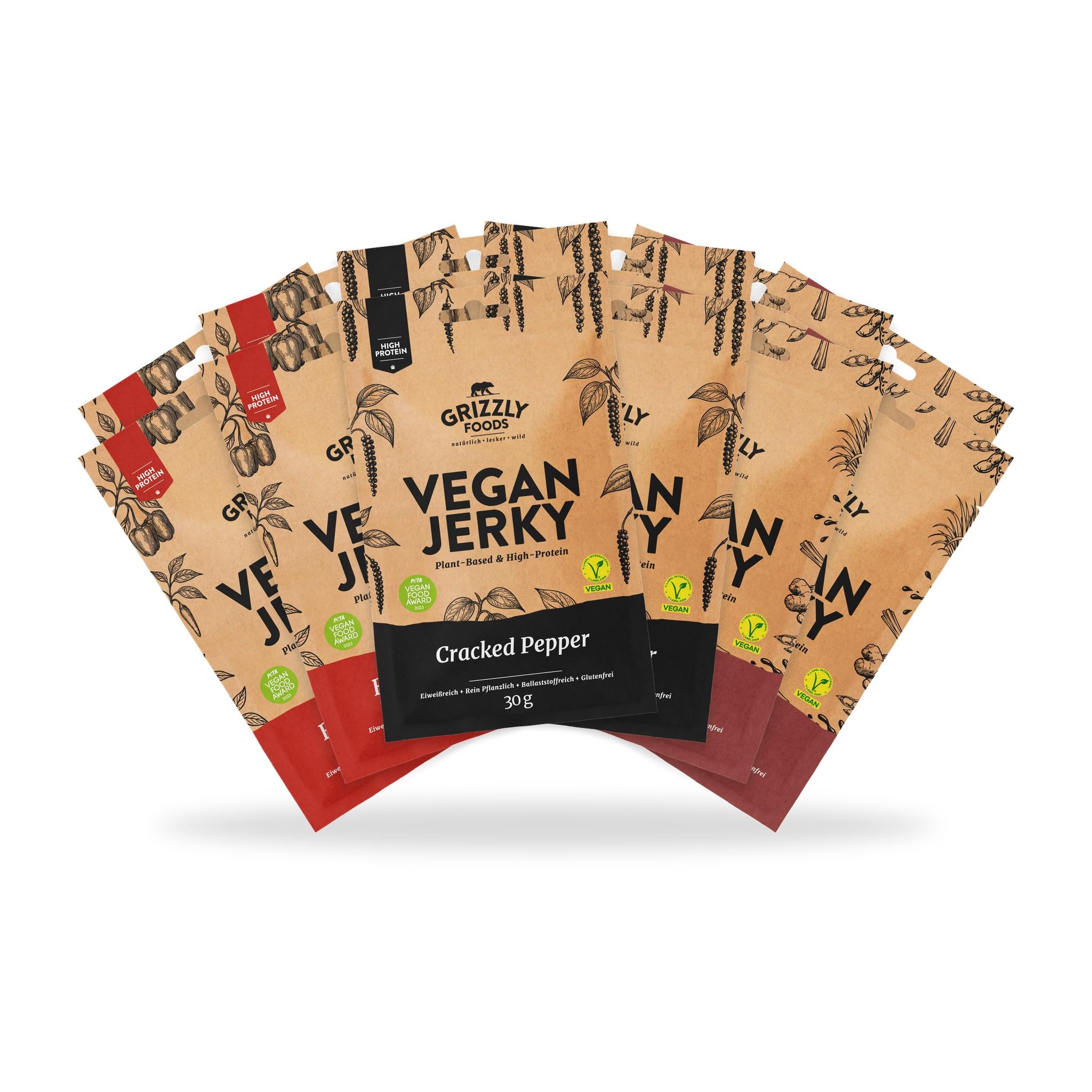 Grizzly Foods Vegan Jerky 3 Sorten Probierset 12 x 30g Pflanzliches Beef Jerky High Protein Snack