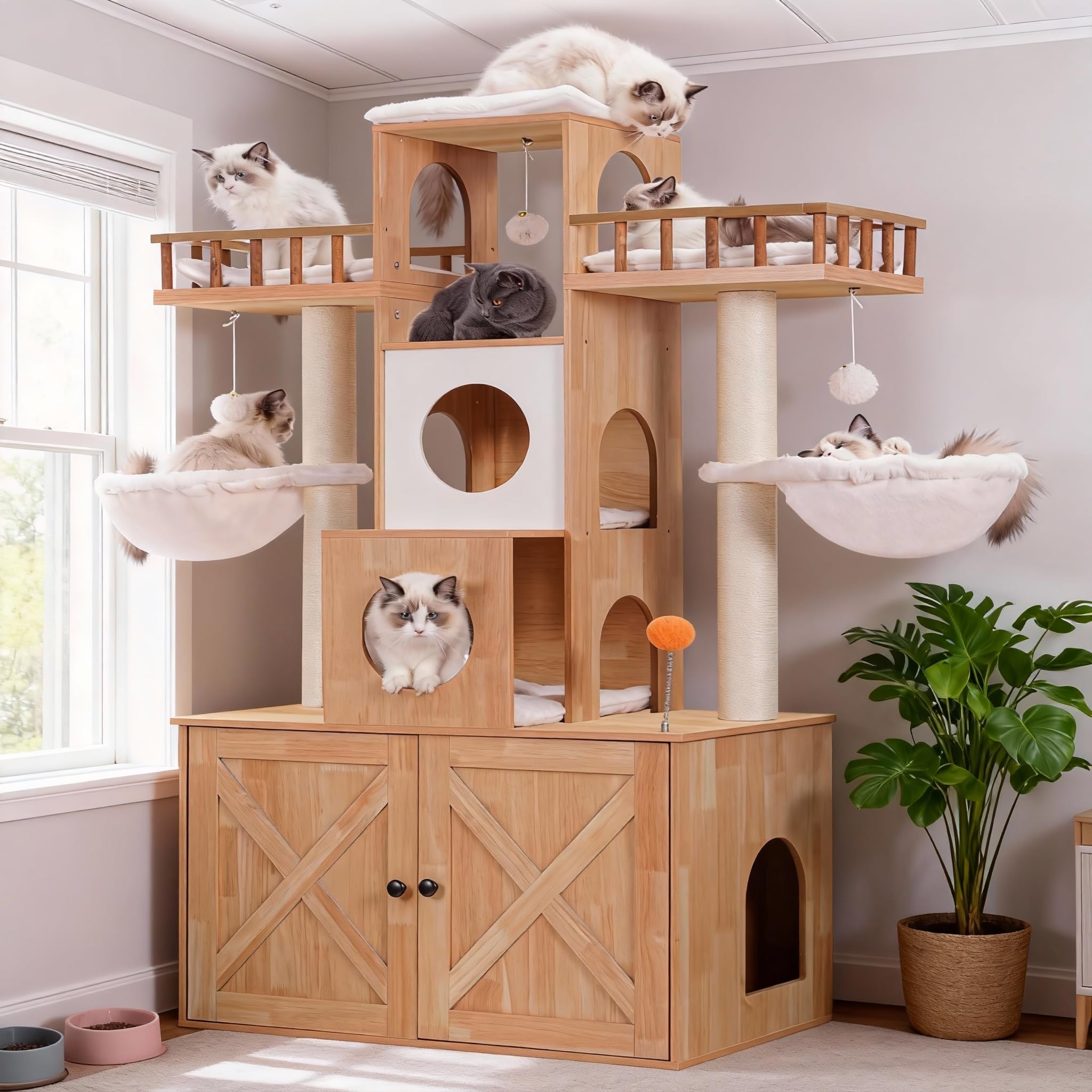 Heybly Cat Tree with Litter Box Enclosure for Indoor Big Cat, Cat Tower for Large Cats 20lbs Heavy Duty, Modern Cat Condo Furniture with Scratching Posts, Walnut HCT110WB