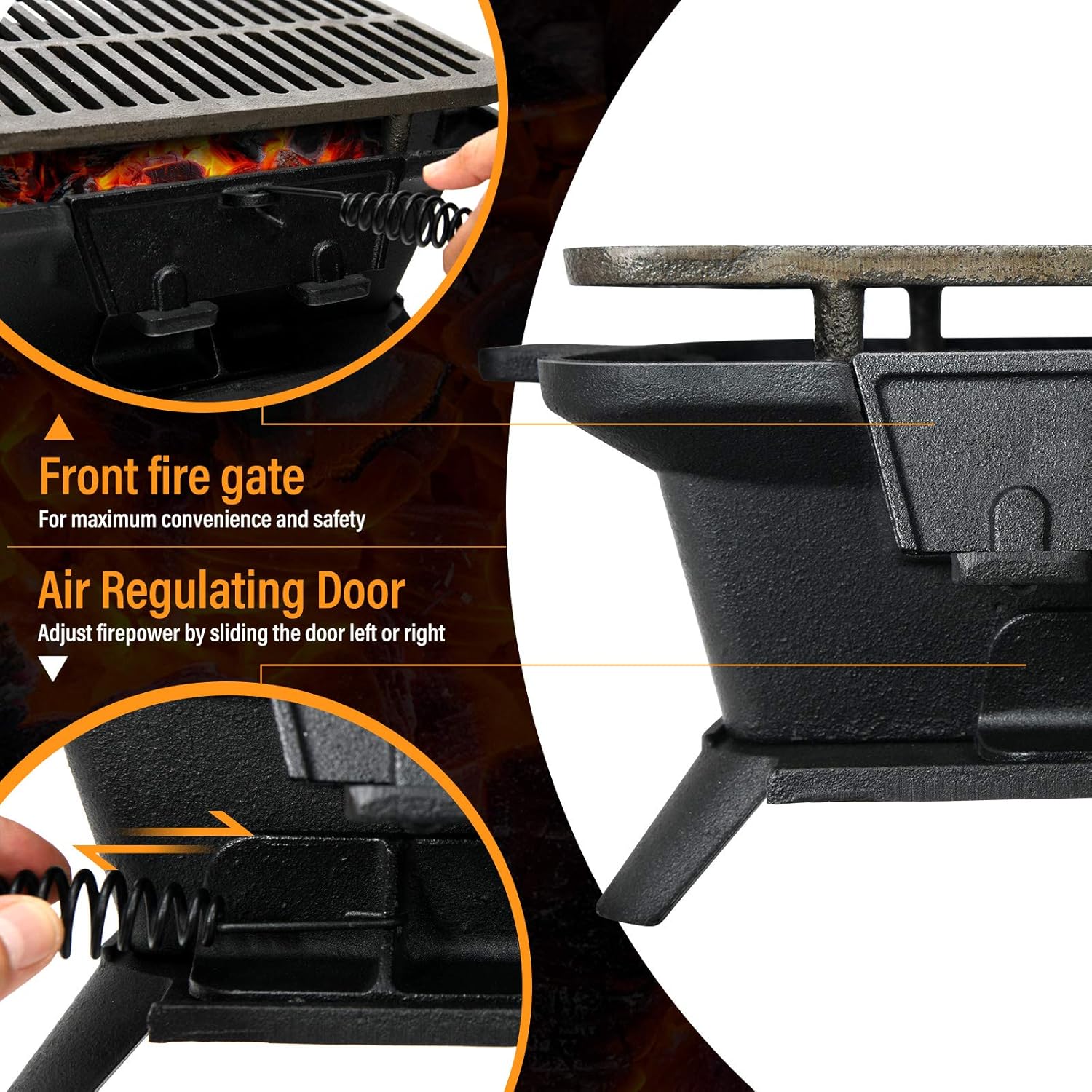 Close-up of the ORALNER Hibachi Grill's air control and coal door