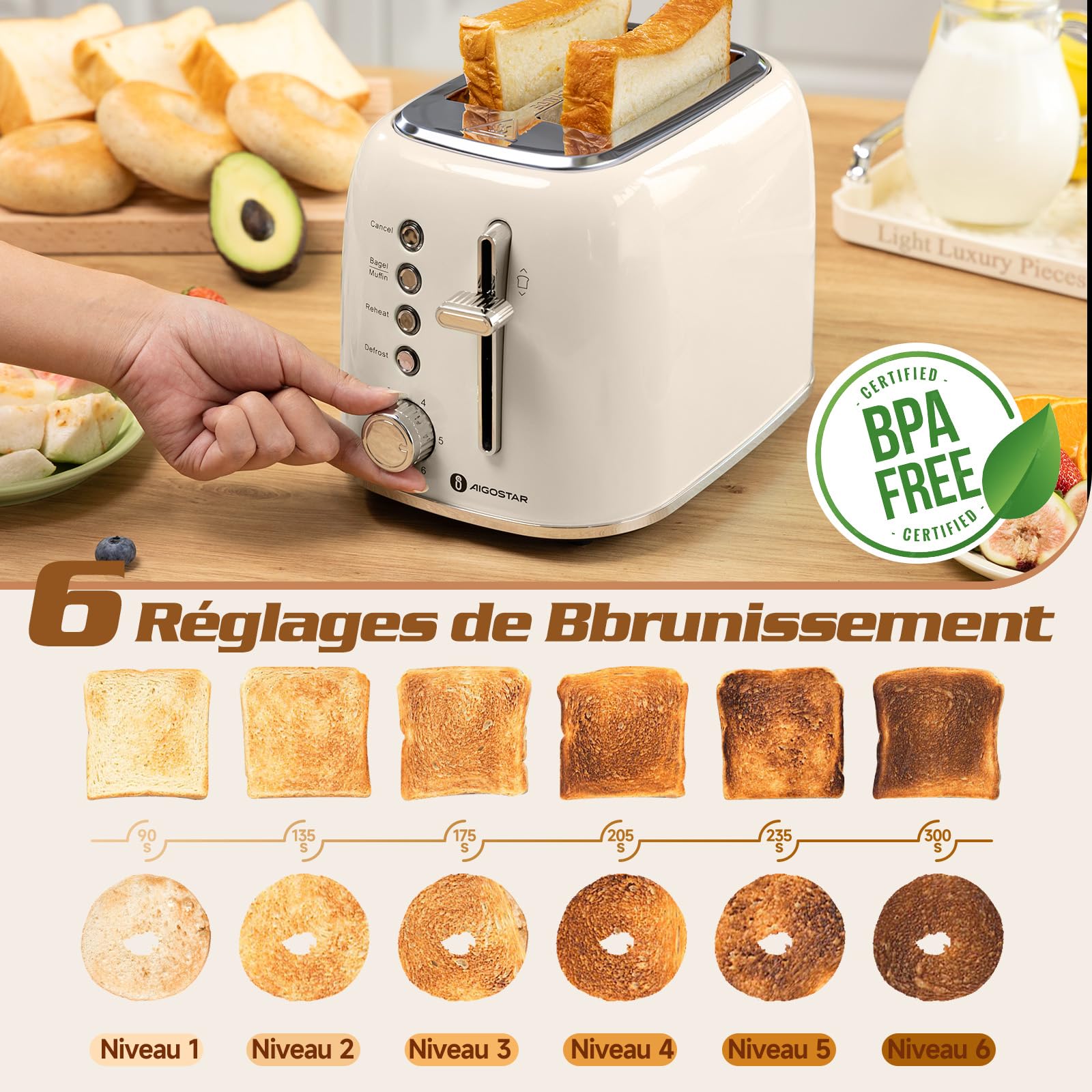 Aigostar Grille Pain, 2 Fentes Extra-Larges, Vintage Inox Crème, 6 Niveaux de Dorage, Fonction Bagel/Décongélation/Réchauffage/Annulation, Tiroir Ramasse-Miettes Amovible, 800W. Cream