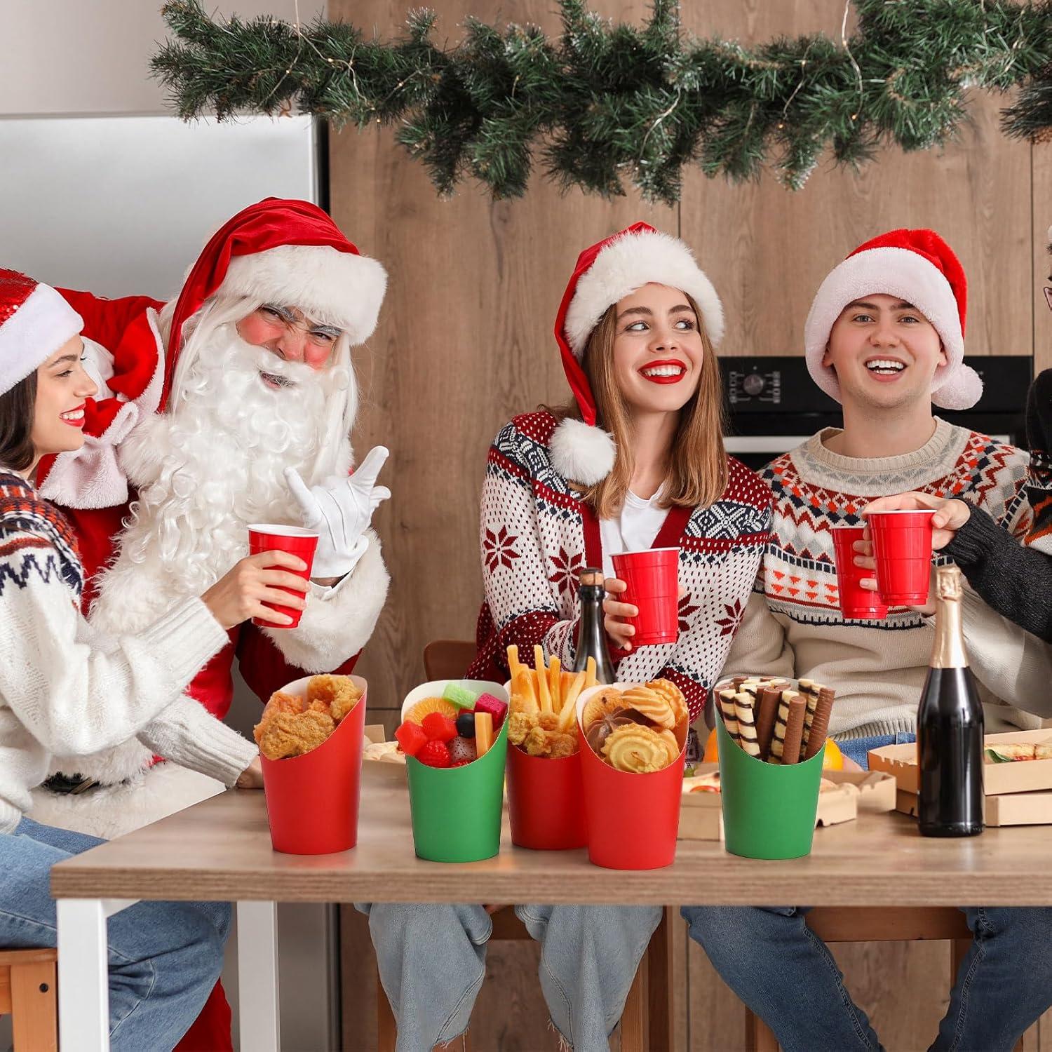 100 Pcs Christmas Charcuterie Cups, 12 oz Red Green Paper French Fry Holder Toothpick Disposable Appetizers Cups Skewers(Christmas)