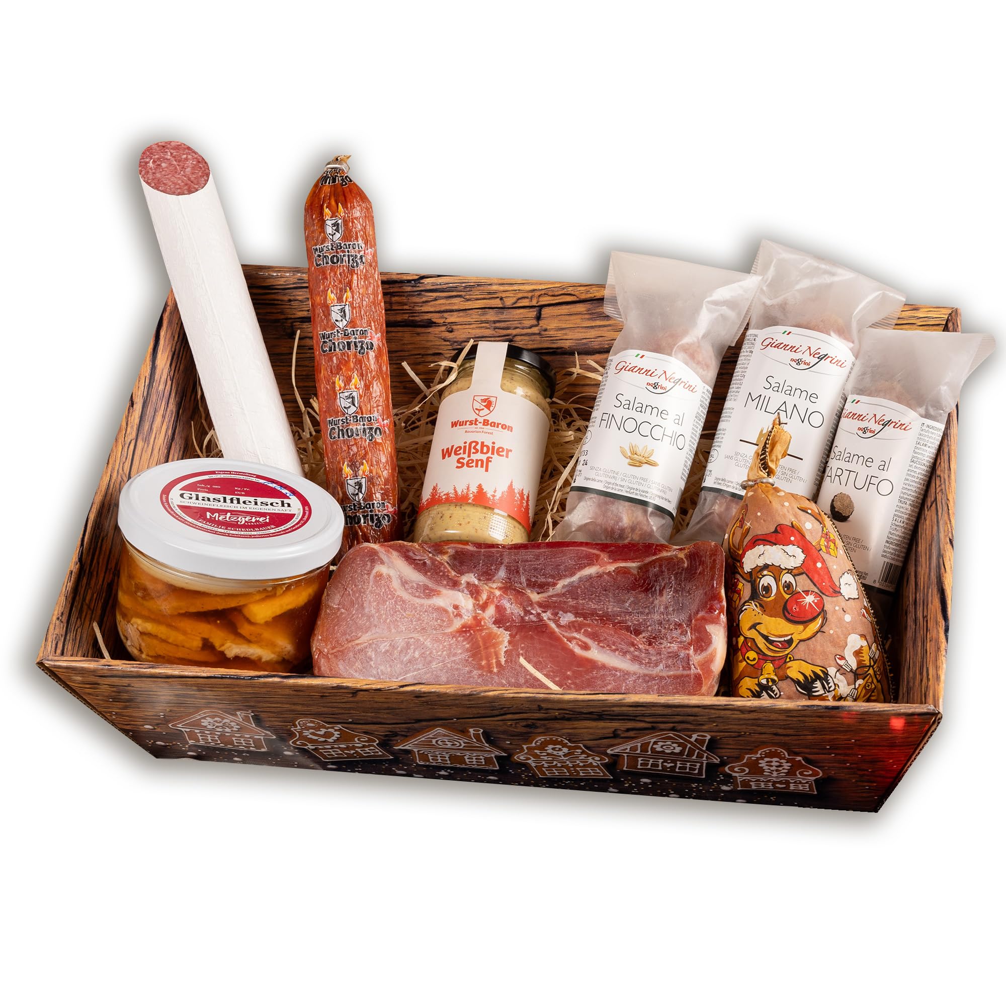 WURSTBARON® Geschenkkorb Weihnachten Gaumenfreuden mit Serrano Schinken, Gewürzen, Salamis, Chutney und Senf, Präsentkorb mit herzhaften Inhalten, Geschenkbox für Weihnachten