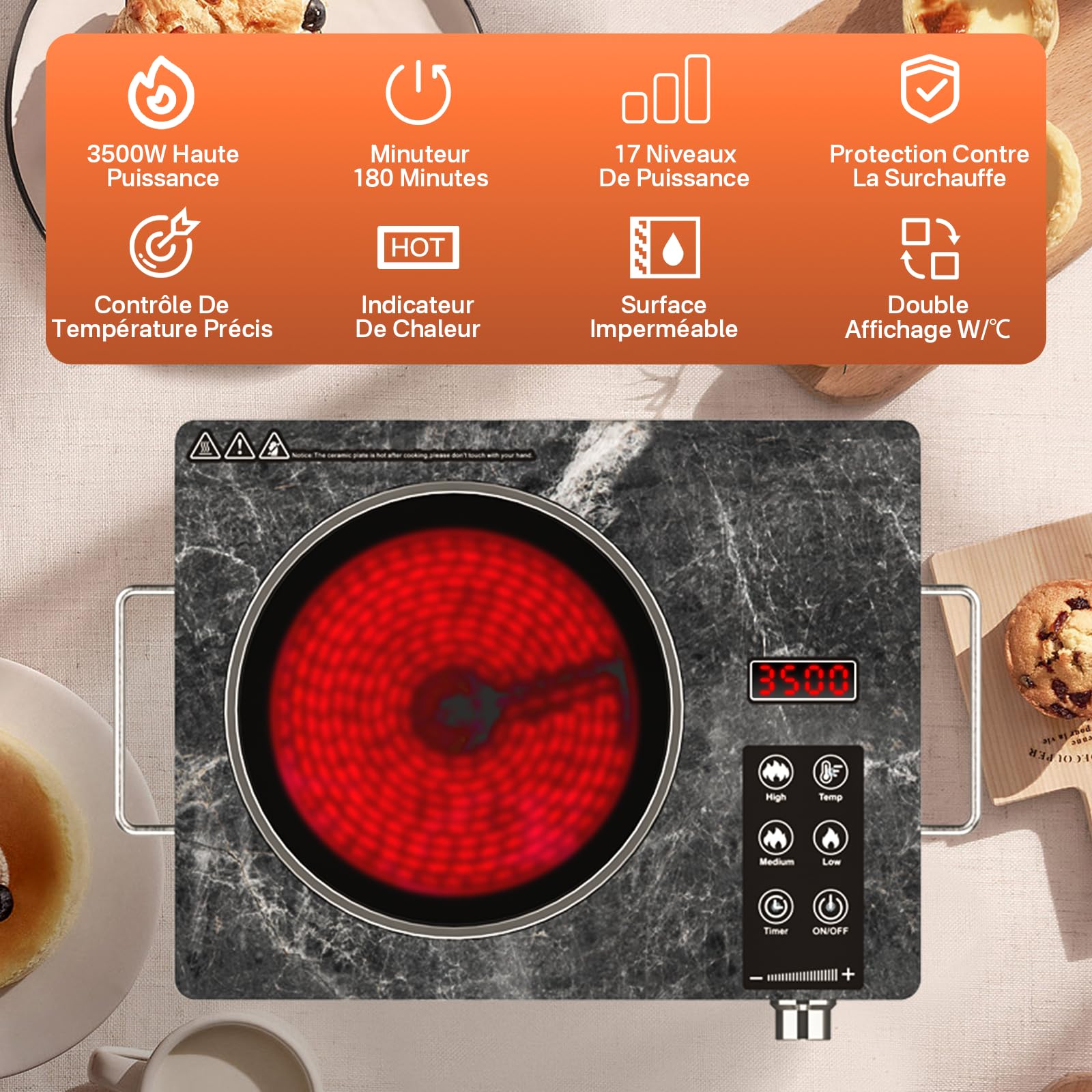 Plaque Vitrocéramique 3500W Infrarouge – Compatible avec Toutes les Casseroles, Verre Microcristallin, Sécurisée avec Arrêt Automatique, Design Marbre Écologique
