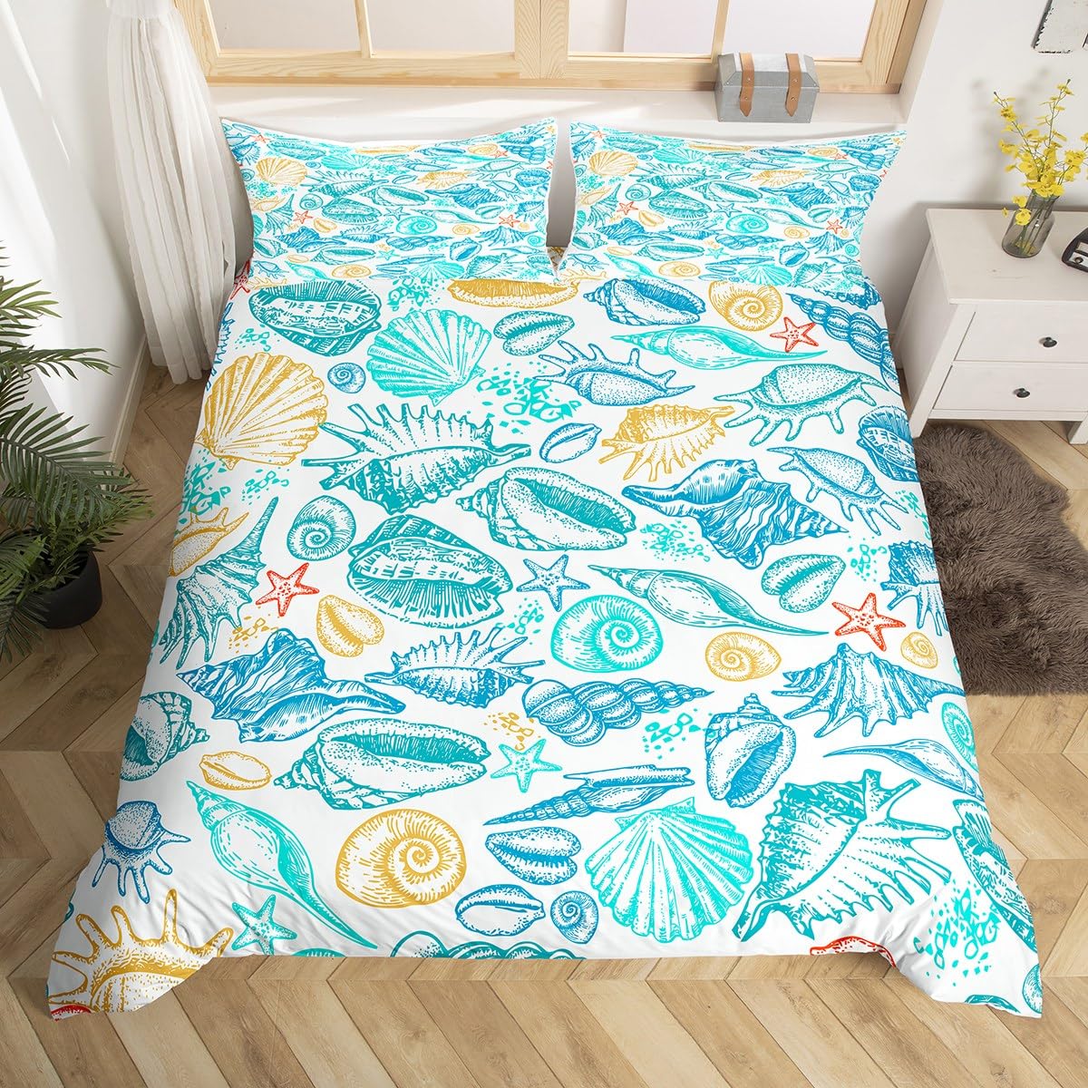 Loussiesd Ocean Scallop Shell Duvet Cover Set 3D Starfish Sea World Bedding Set Watercolor Blue Yellow Green Bedding & Linen Set 2Pcs Junior/Cot Bed Size Boys — image 1