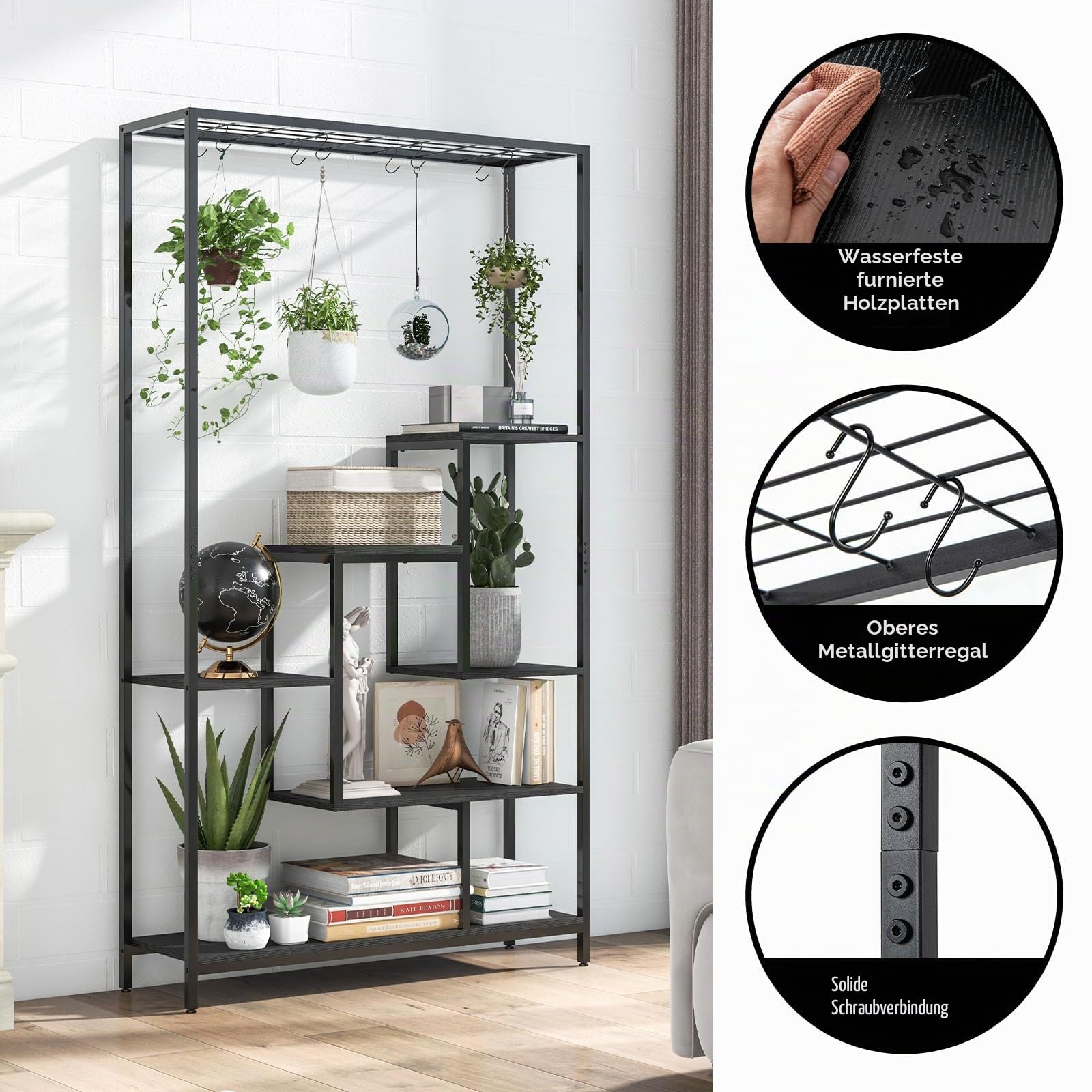 HOMASIS Pflanzenregal groß, Blumenregal mit 6 Etagen, Pflanzenständer mit 10 Haken & Gitter, Blumenständer aus Metall, Blumentreppen Mehrzweckregal für Wohnzimmer, Balkon, 100x30x180cm (Schwarz)