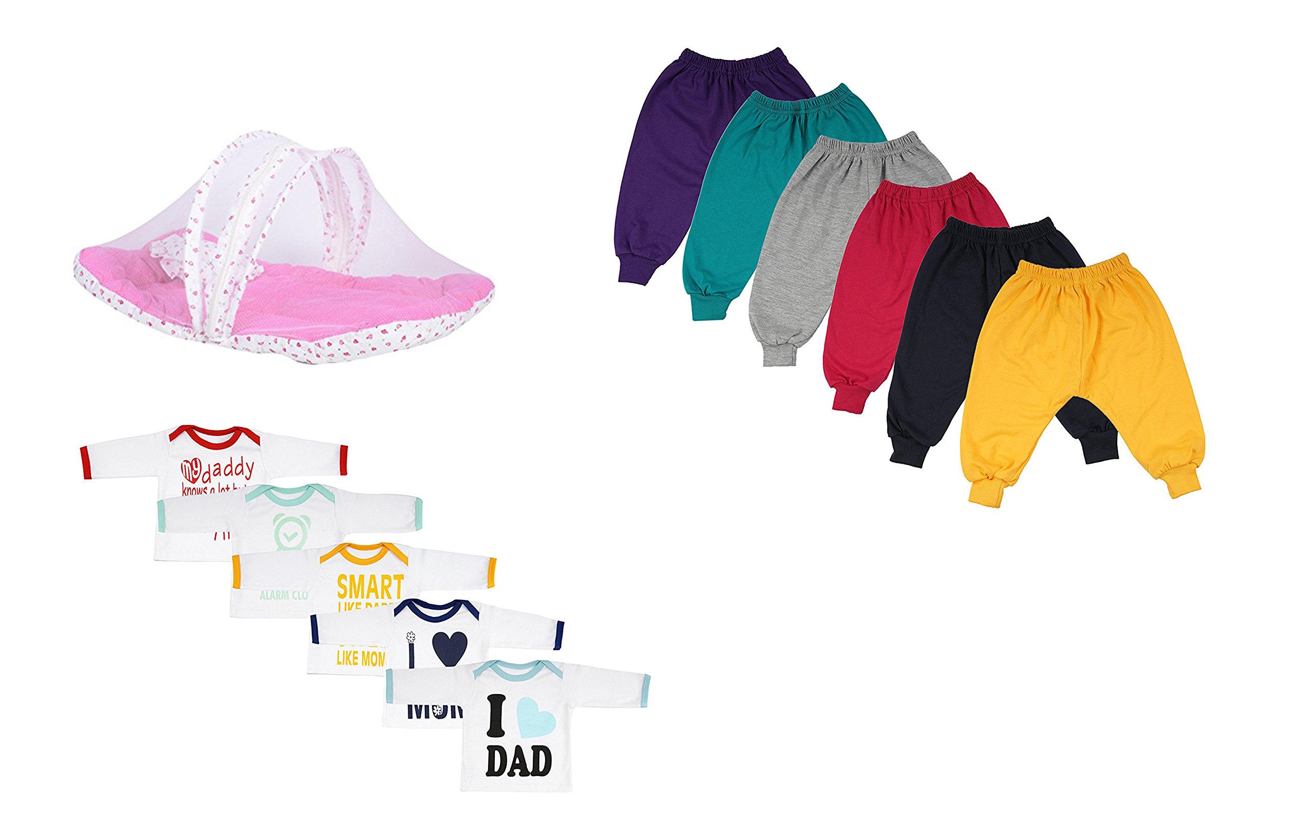 FARETO Baby Gift Pack Combo Of 3,Baby Foldable Mosquito Net,6 Baby Track Pant & 5 Mom&Dad Theme T-shirt(Unisex) (0-3 months)-picture-11