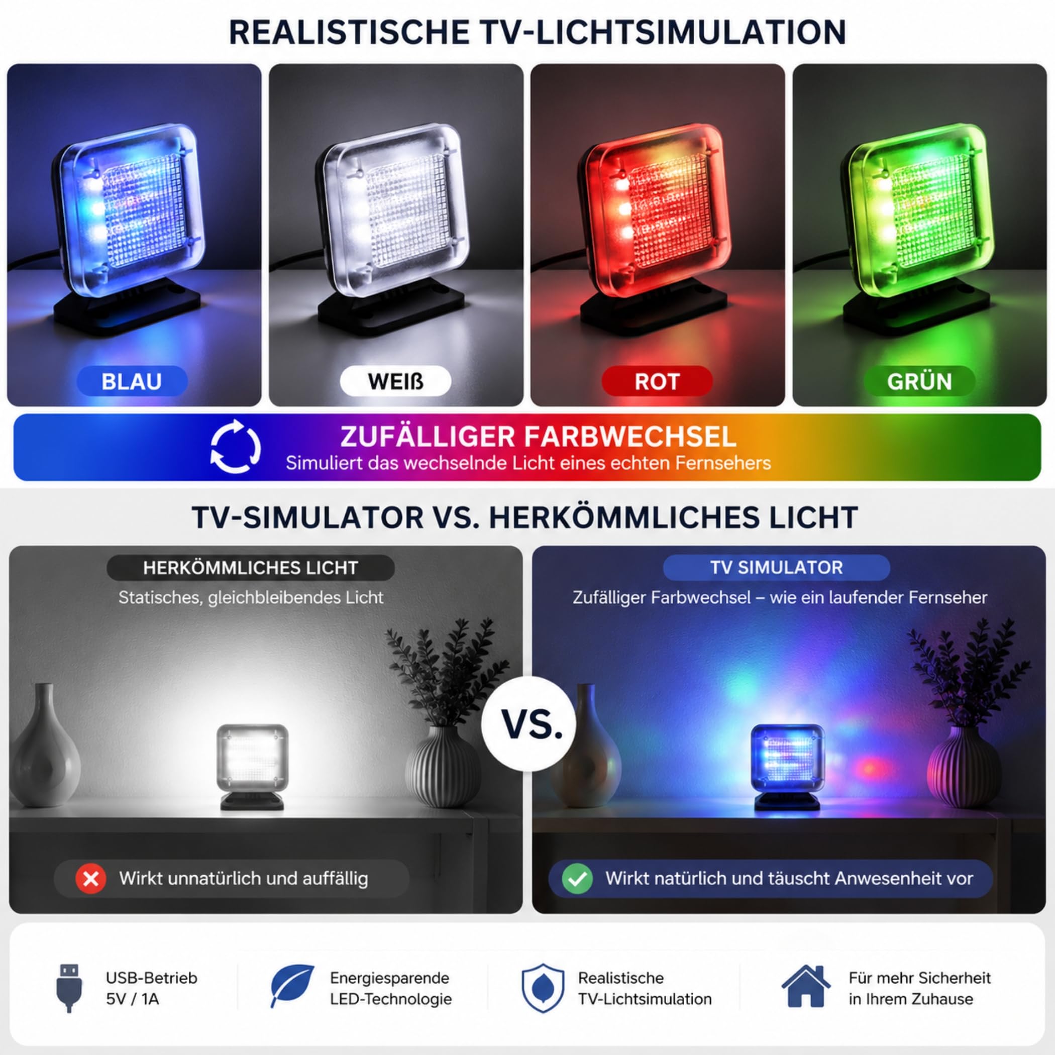 H13CS LED TV symulator – ochrona przed włamaniem i domowa ochrona z 20 bardzo jasnymi diodami LED, symulacja światła do odstraszania włamywaczy, atrapa telewizyjna 9 V/300 mW