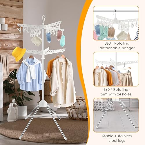 Miniatura 4 de Estante de secado de ropa de 2 niveles, soporte de secado de ropa plegable de 56 pulgadas con 3 brazos giratorios, 24 clips, estante portátil para