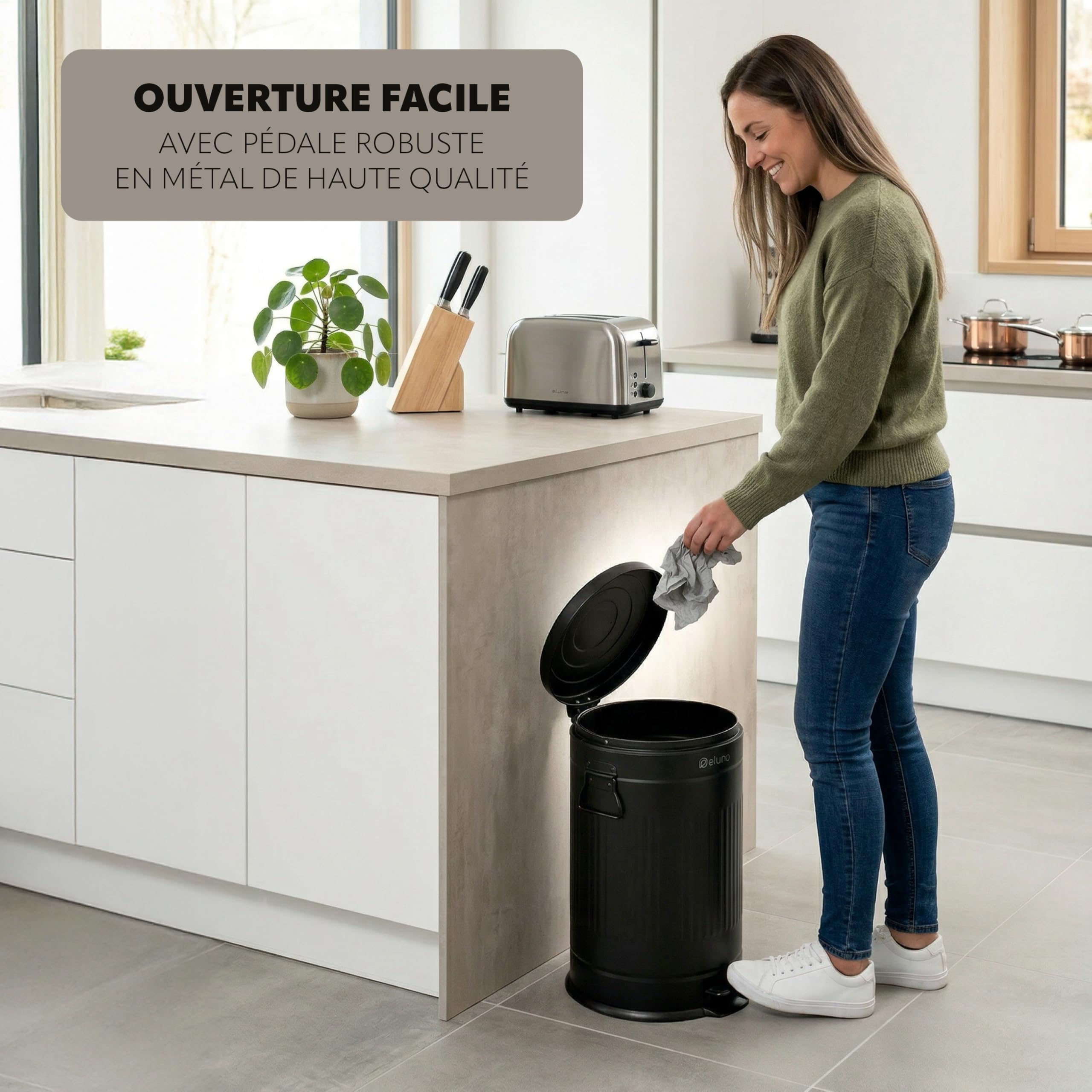 eluno Poubelle de cuisine vintage, à pédale avec seau intérieur amovible, en métal 20 l (noir)