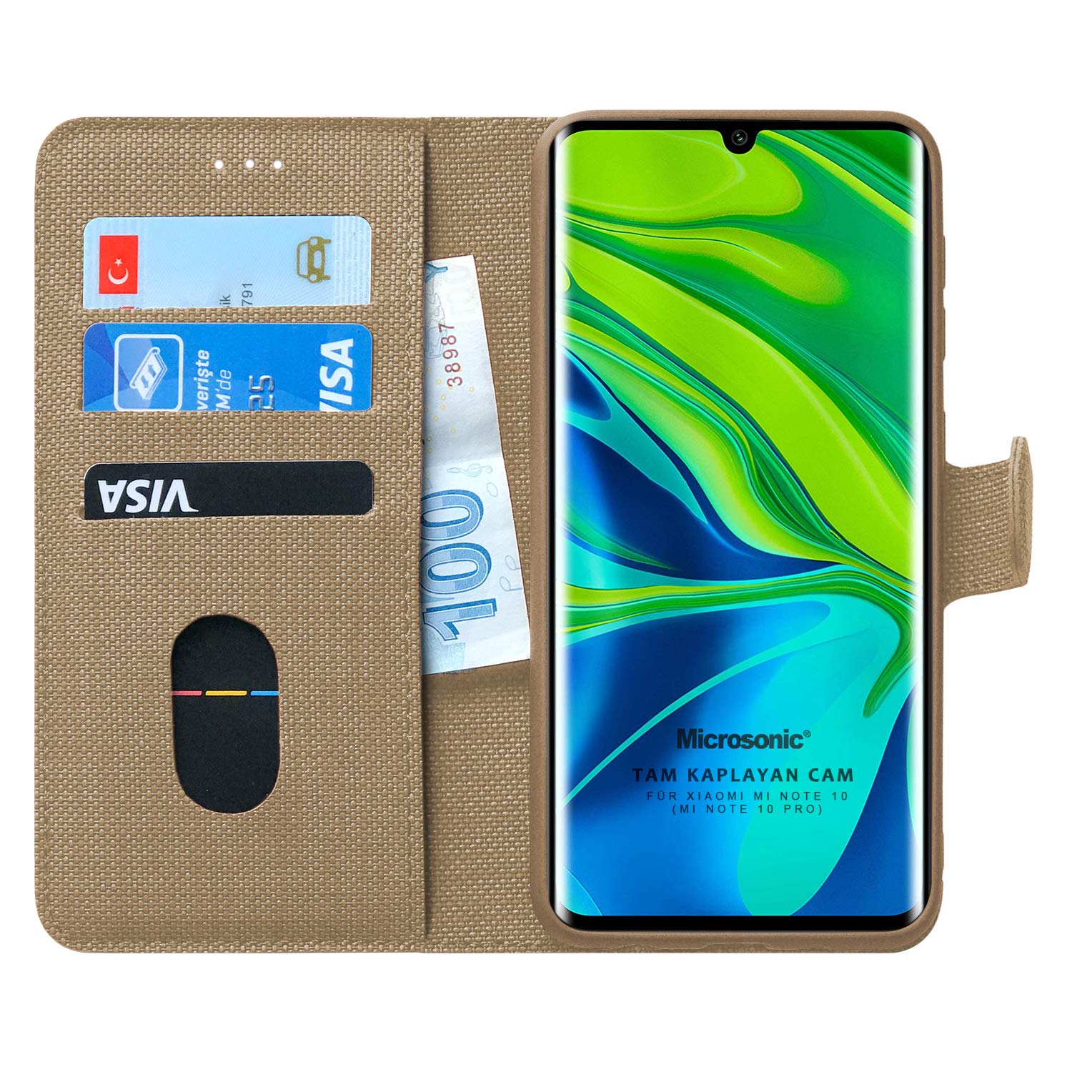 Microsonic Xiaomi Mi Note 10 Pro için Kılıf Fabric Book Wallet Gold [Mi Note 10 Pro ile Uyumlu Kılıf - Gold]