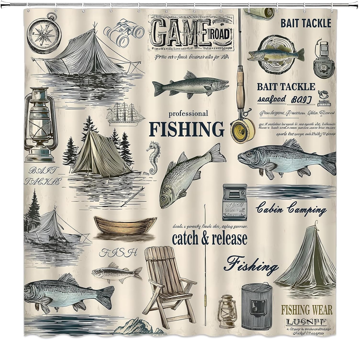 Fish Shower Curtain,Vintage Fishing Cabin Rustic Farmhouse Beige Polyester Bathroom Curtain with 12 Hooks,Bathtub Home Decor,70x84 Inch
