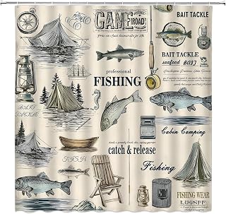 Vintage beige fishing cabin shower curtain