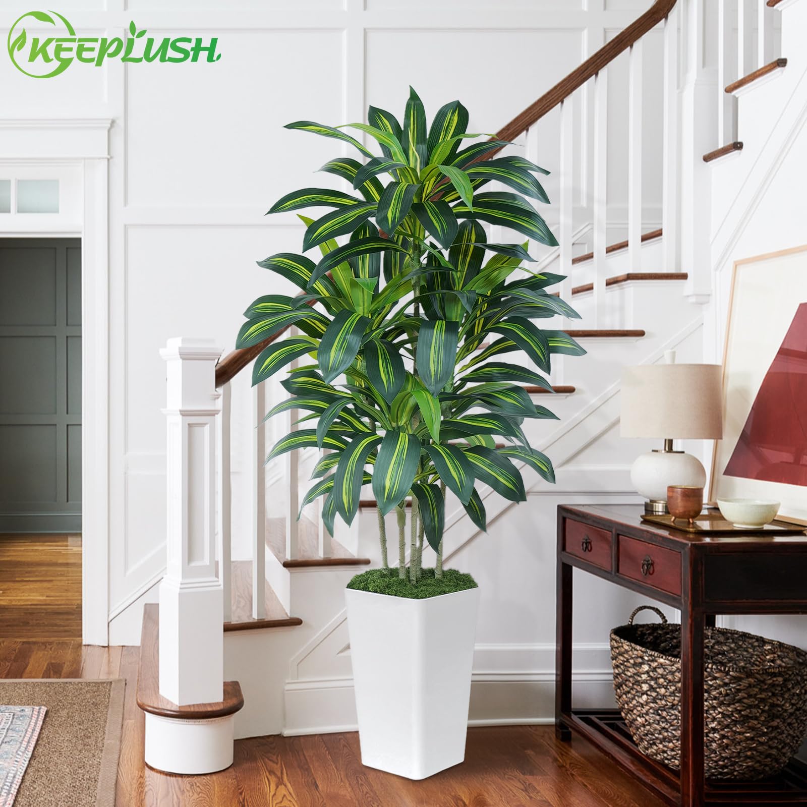 Pianta Finta Dracaena Artificiale 150cm alta con Vaso Bianco, Piante Finte da Interno Grandi Ha 108 foglie, Albero Artificiale Interni Per Soggiorno Ufficio Giardino Dec