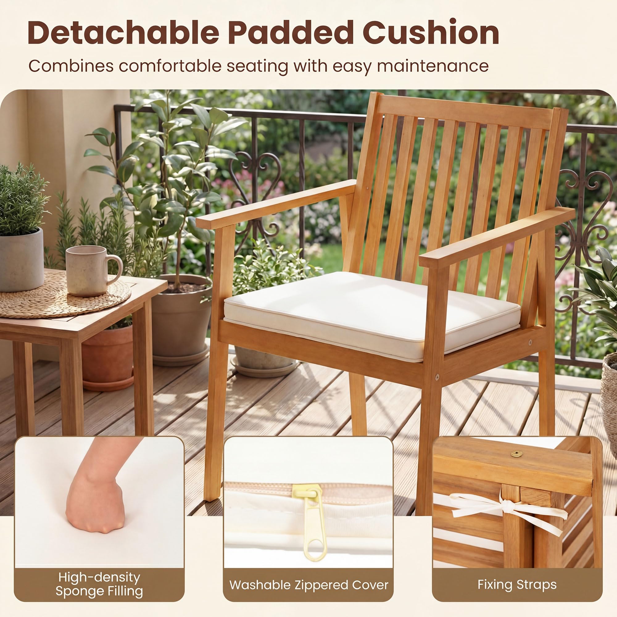 KOMFOTTEU Juego de 2 Sillas de Jardín de Madera de Acacia, Sillones de Comedor con Cojín Extraíble y Reposabrazos, Sillas Terreza Exterior Ergonómicas con Carga 180 kg (Amarillo Teca)