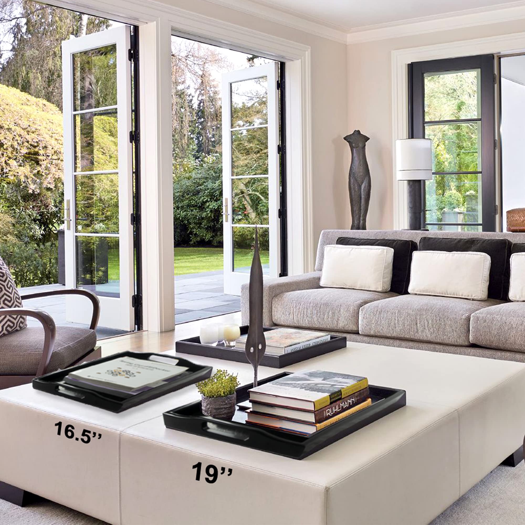 19X12.5?ÇÖ?ÇÖ Ottoman Tray for Living Room, Rectangle Black Tray for Coffee Table, Home Decor, Plastic Serving Trays for Eating, Condiments, Plates, Glasses, with Cutout Handles, Non Slip pad, 2 Clothes