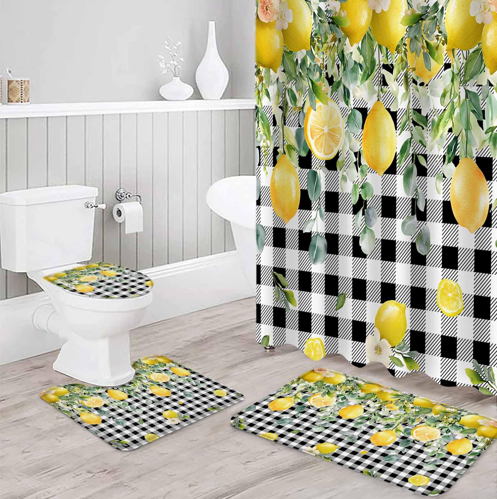 Lemon Check Bathroom Set with Shower Curtain and Rug Accessories - 36x72 Inches Long Black Plaid Eucalyptus Farm Country Flower Stall Curtain Waterproof with Large Bath Mat,Washable Runner Rug Set