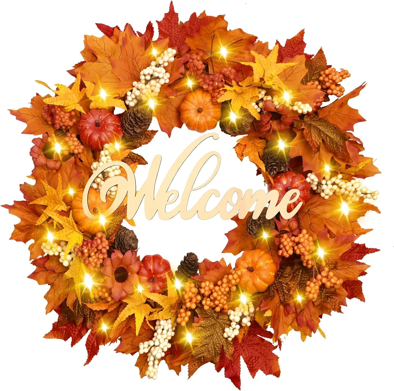 Waipfaru Fall Decor, Fall Wreaths for Front Door, Autumn Wreath with Lights and Welcome Sign, 20'' Outdoor Reef for Thanksgiving Farmhouse Front Porch Patio Decoration Orange 1 Pack