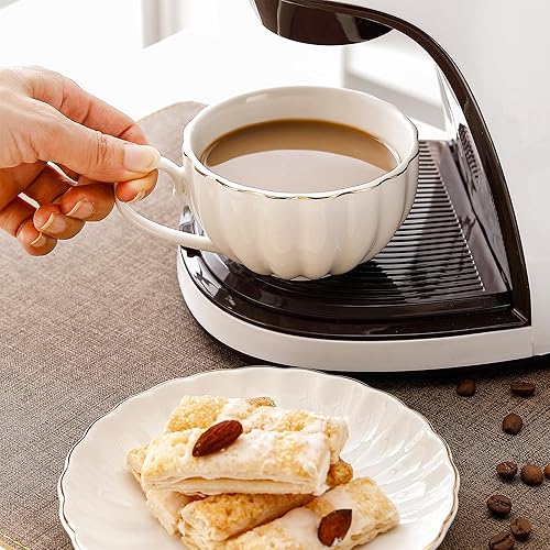 Miniatura 6 de Generic Bloosnow HFB0002B - Taza de café de porcelana blanca de 8 onzas con platillo, taza de té y platillo de cerámica con ribete dorado para