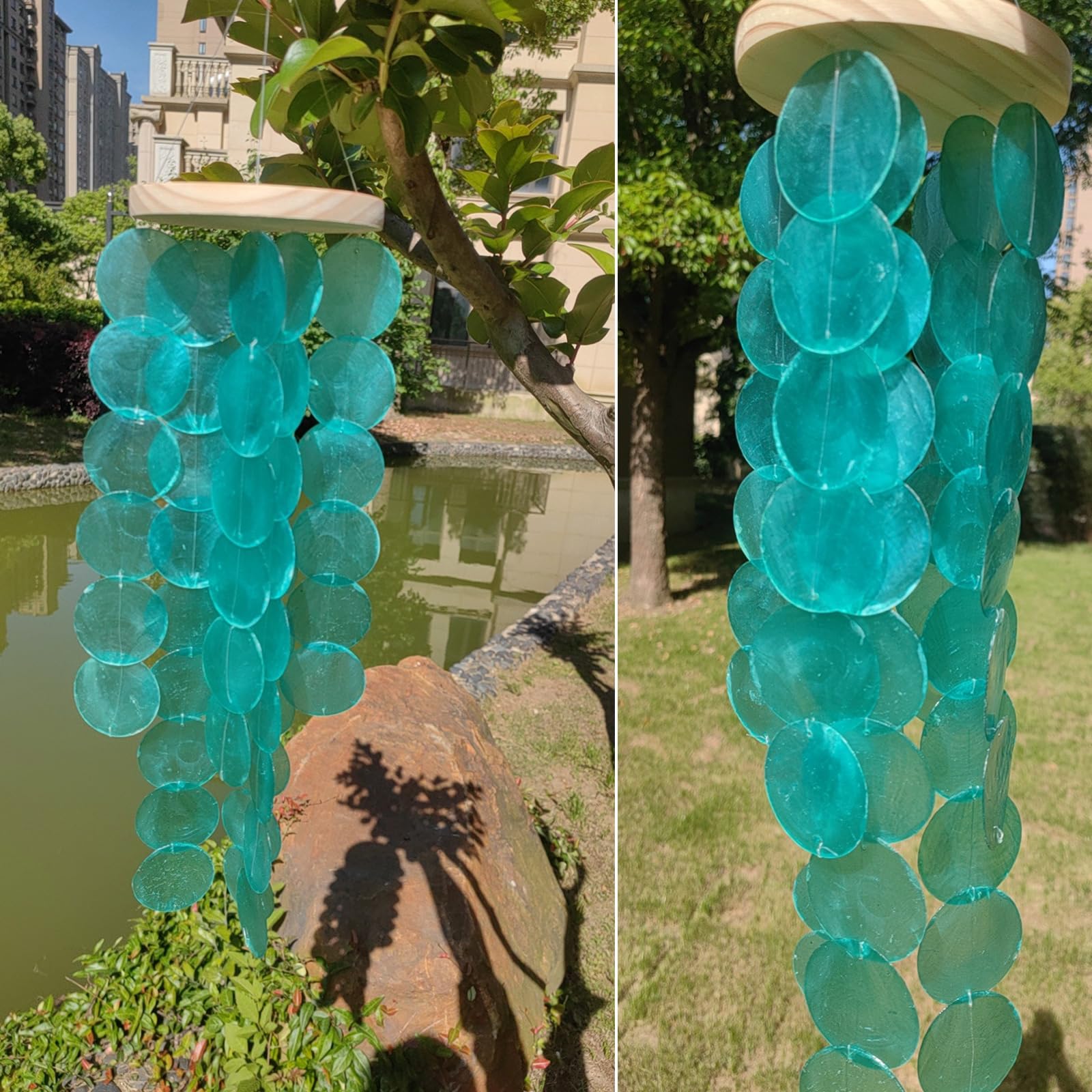 Eleganter, farbiger Capiz-Muschel-Windspiel-Anhänger zum Aufhängen für Terrasse oder Garten, bringt Ruhe in jeden Raum