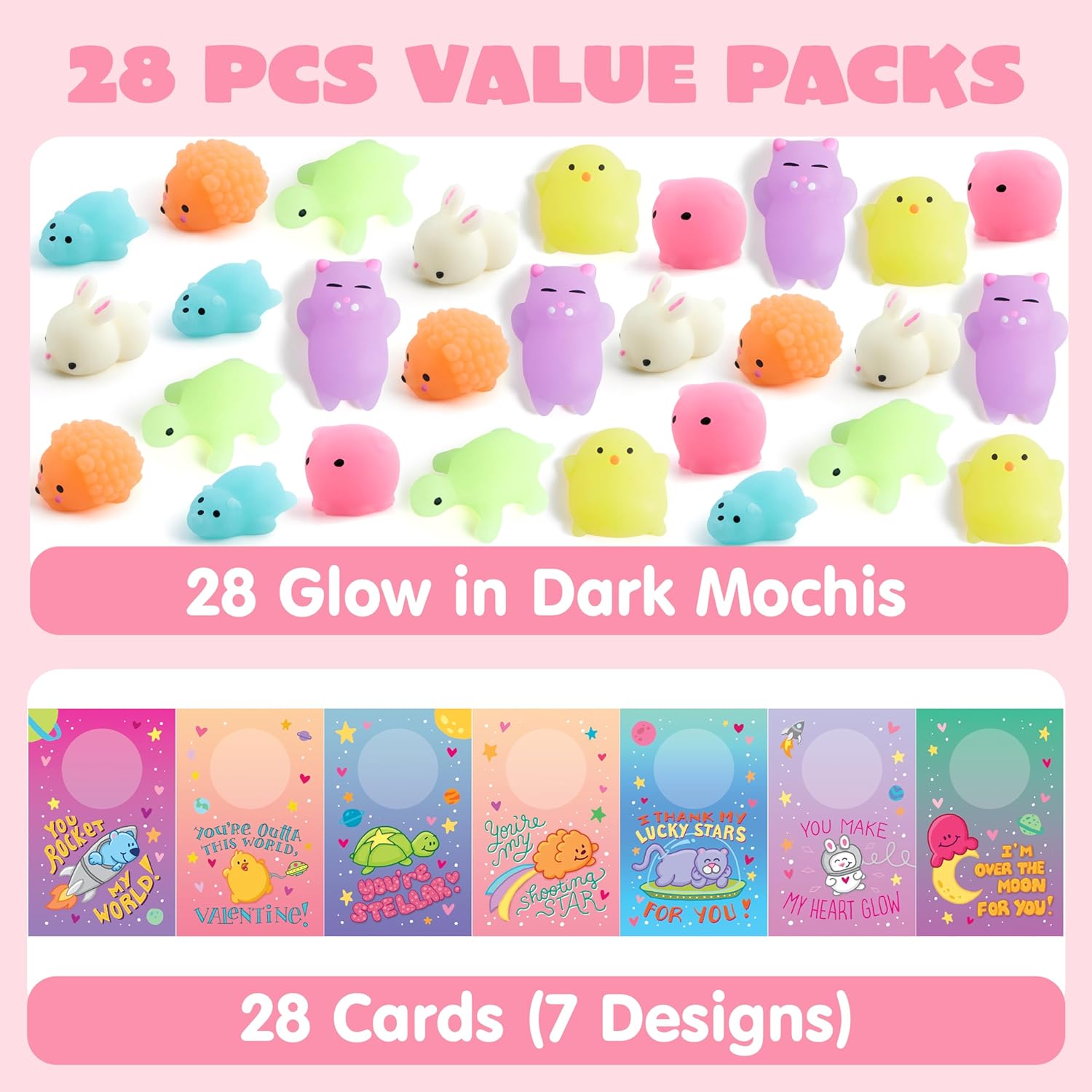 JOYIN 28 Pack Valentines Day Gift Cards with Cute Kawaii Mochi Squishy Toy to Squeeze, Glow in The Dark Stress Relief Fidget Toy for Kids, Classroom Exchange Prizes Valentine Party Favor Toys