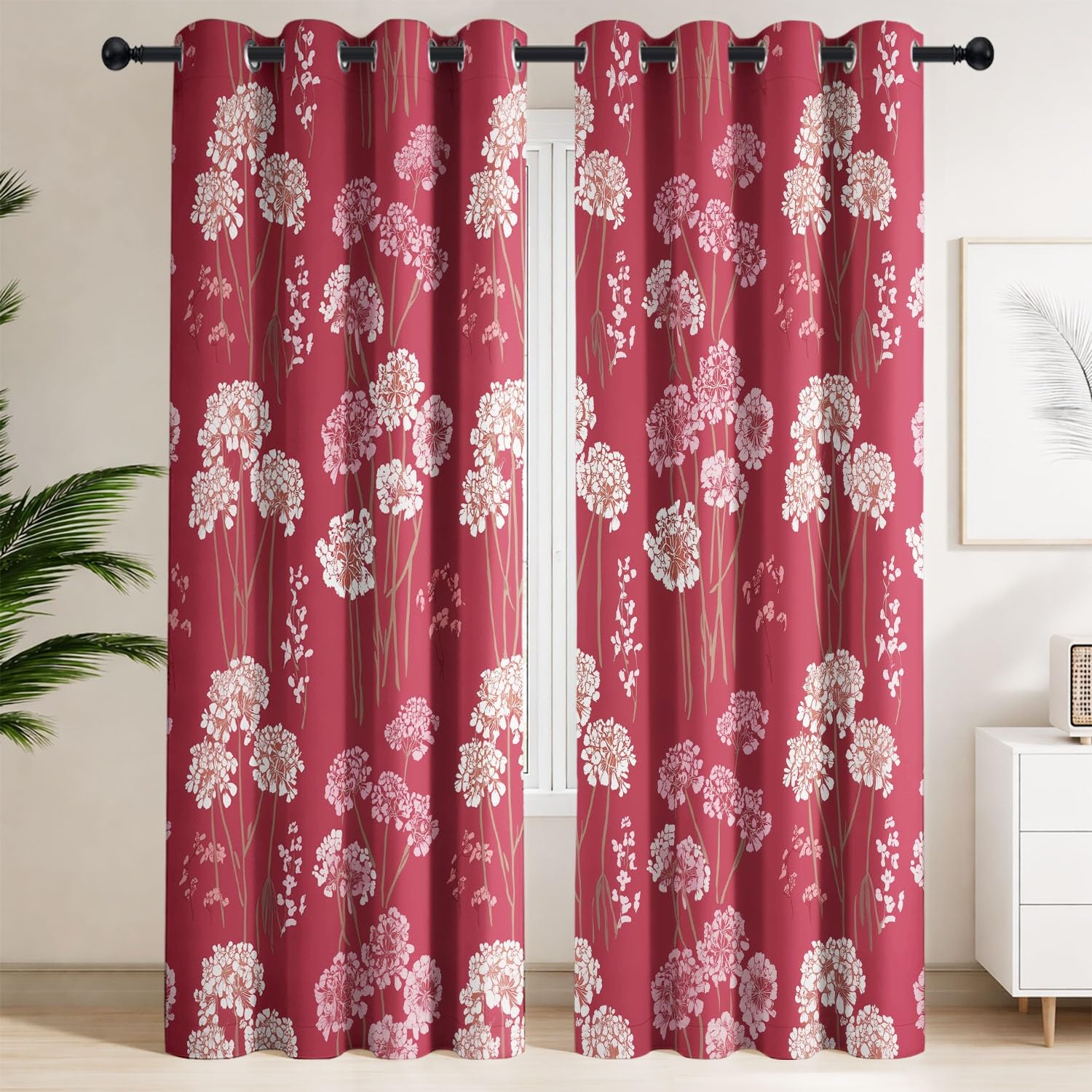 Generisch Brytyjski styl vintage, botaniczne, neutralne zasłony nieprzejrzyste, 200 x 200 cm, zestaw 2 sztuk – dwukolorowe kwiaty, okrągłe kwiaty, zielone liście – zasłony zaciemniające do głównej