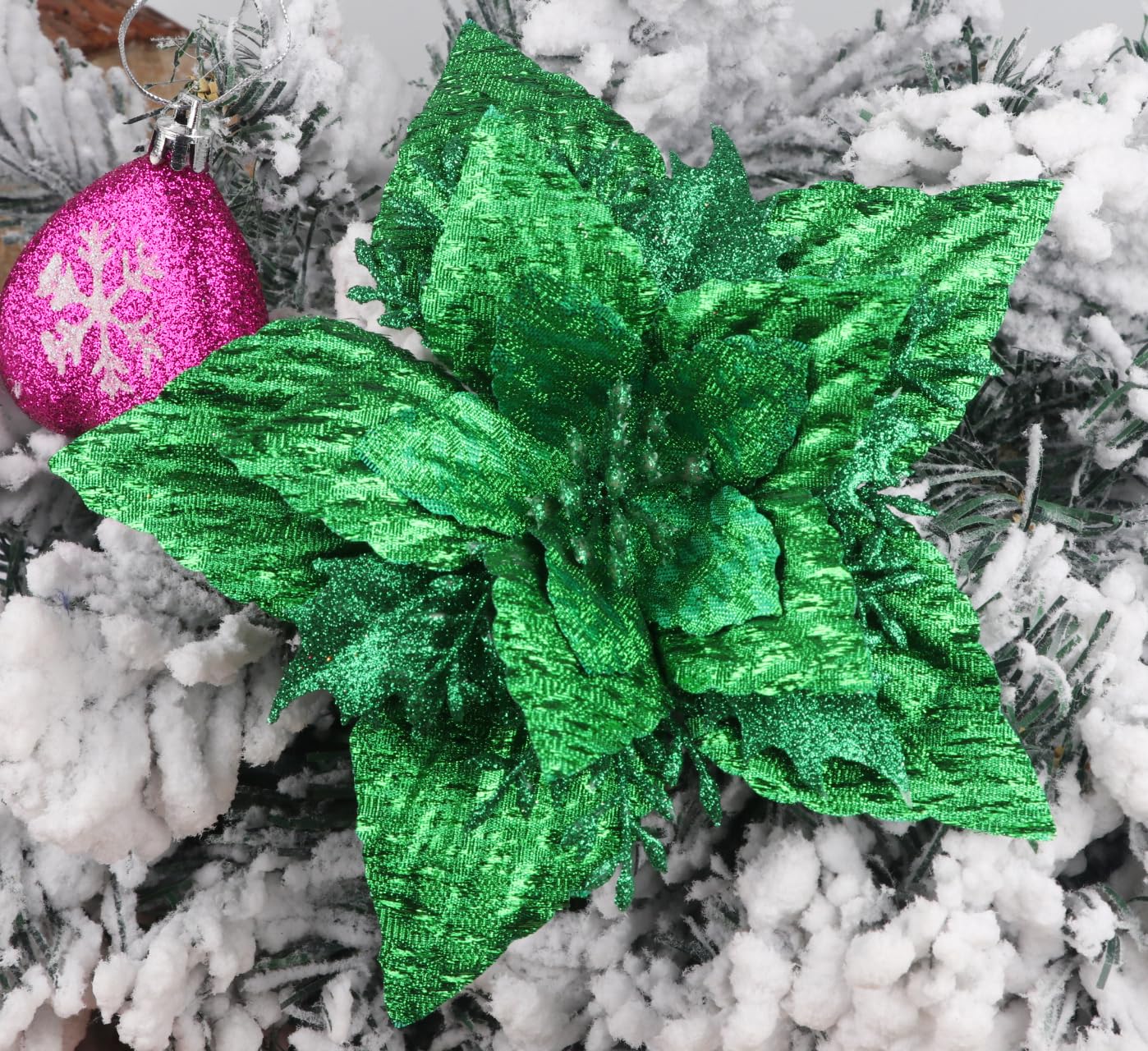YYCRAFT 7 Inch Glitter Poinsettia Flowers Metallic Artificial Flower for Christmas Tree Ornaments Christmas Decorations(12pcs,Emerald Green) - Image 2