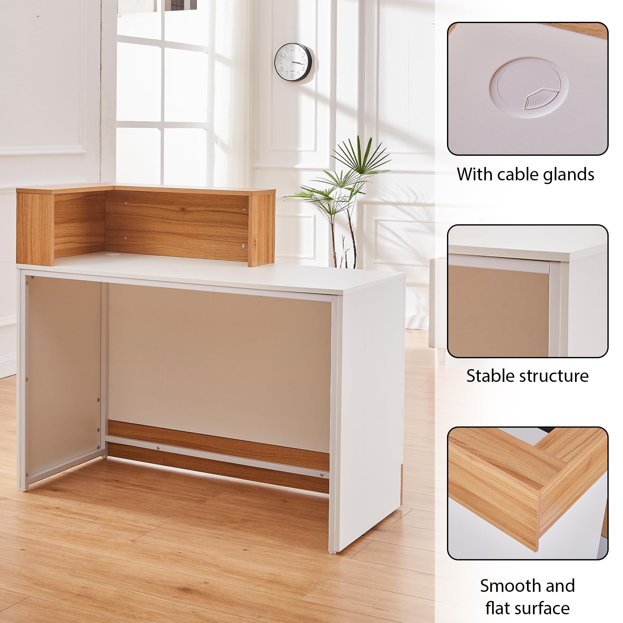Mostrador de Recepción Moderno 120 cm en Madera, Escritorio Profesional con Organizador de Cables Mueble de Recepción para Peluquerías, Centros de Belleza, Tiendas, Hoteles y Oficinas