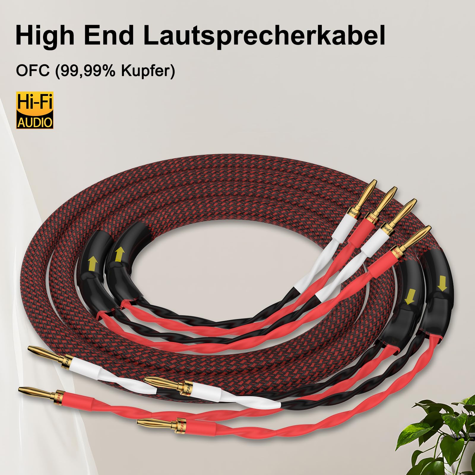 High End kabel głośnikowy HiFi - miedź beztlenowa, 4 x 2,81 mm² (15 AWG), mosiądz pozłacany wtyk bananowy (1 para) - 2,5 m / 8,2 FT