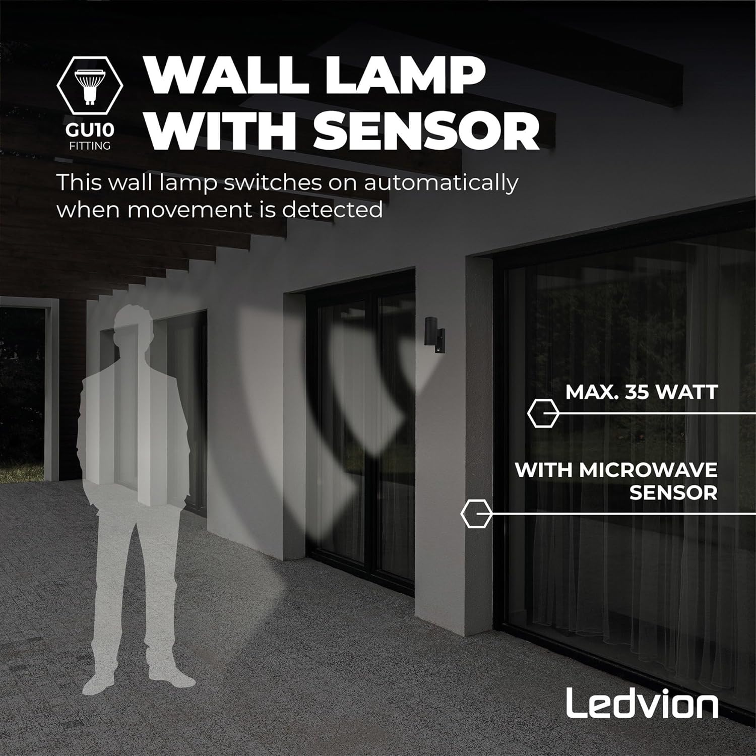 Diagram showing the wall lamp with its integrated microwave motion sensor, indicating it switches on automatically when movement is detected and supports up to 35W.