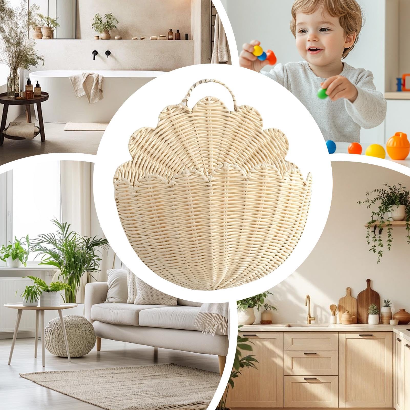 Cesta Tejida Organizador Estético Festoneado | Cestas Decorativas con Bordes Ondulados Tejidas a Mano Para Sala Baño Cocina Guardería Granja Apartamento Fruta Verdura