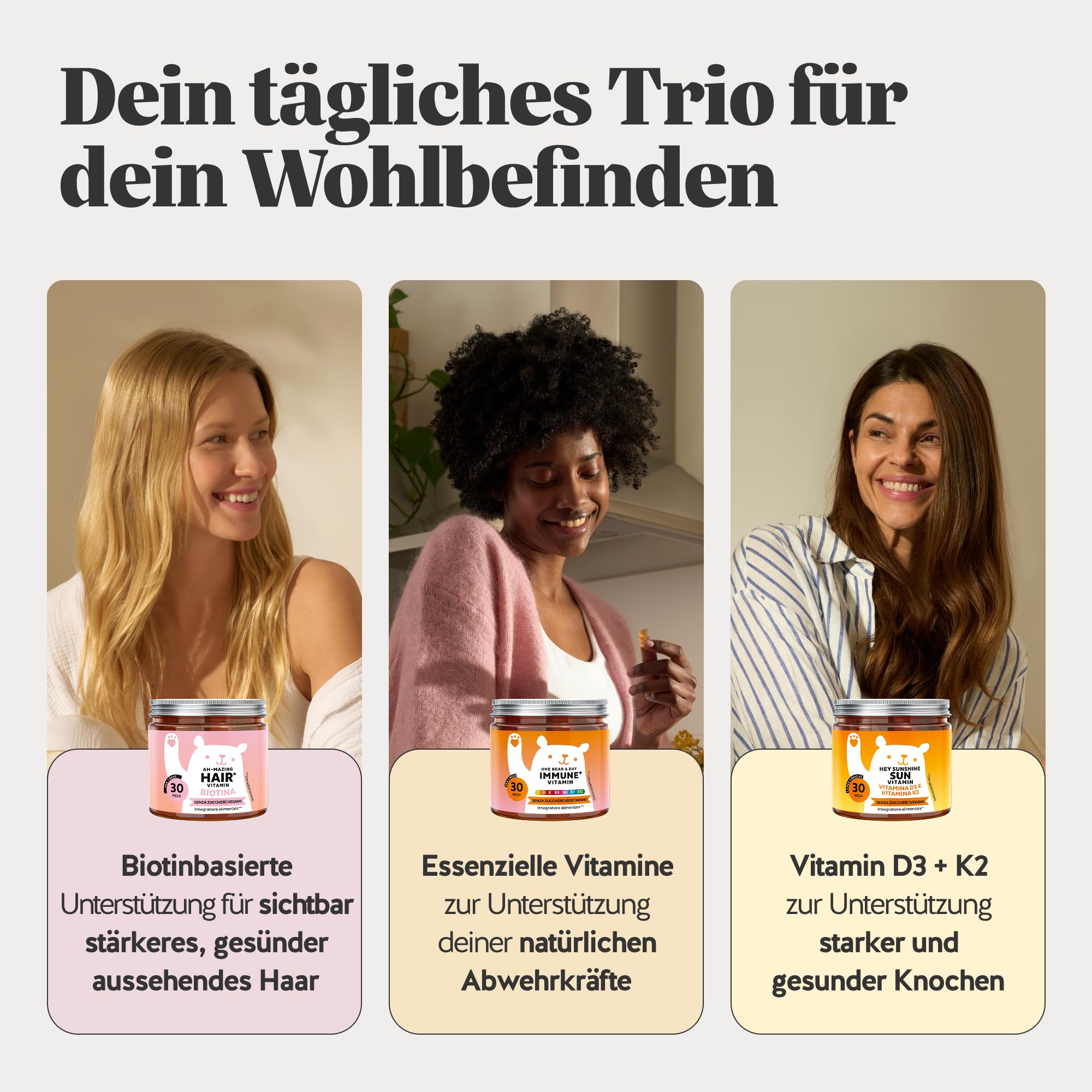 Bears with Benefits - PAck Trio Wohlbefinden Haare & Immunität - 3x30 Stück | Gummibärchen 10 000µg Biotin, Multivitamine Komplex & Vitamin D3 K2 - Zuckerfrei