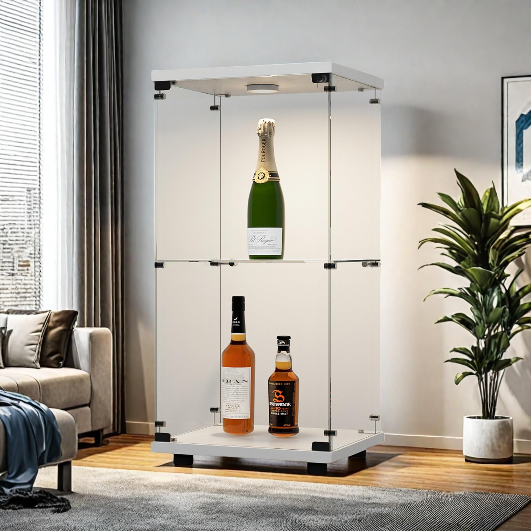 Vetrina in vetro, vetrina da collezione con LED, vetrina temperata moderna in vetro a 2 strati con serrature, trasparente vetrine su base per soggiorno, camera da letto, 40 x 36 x 86 cm (bianco)