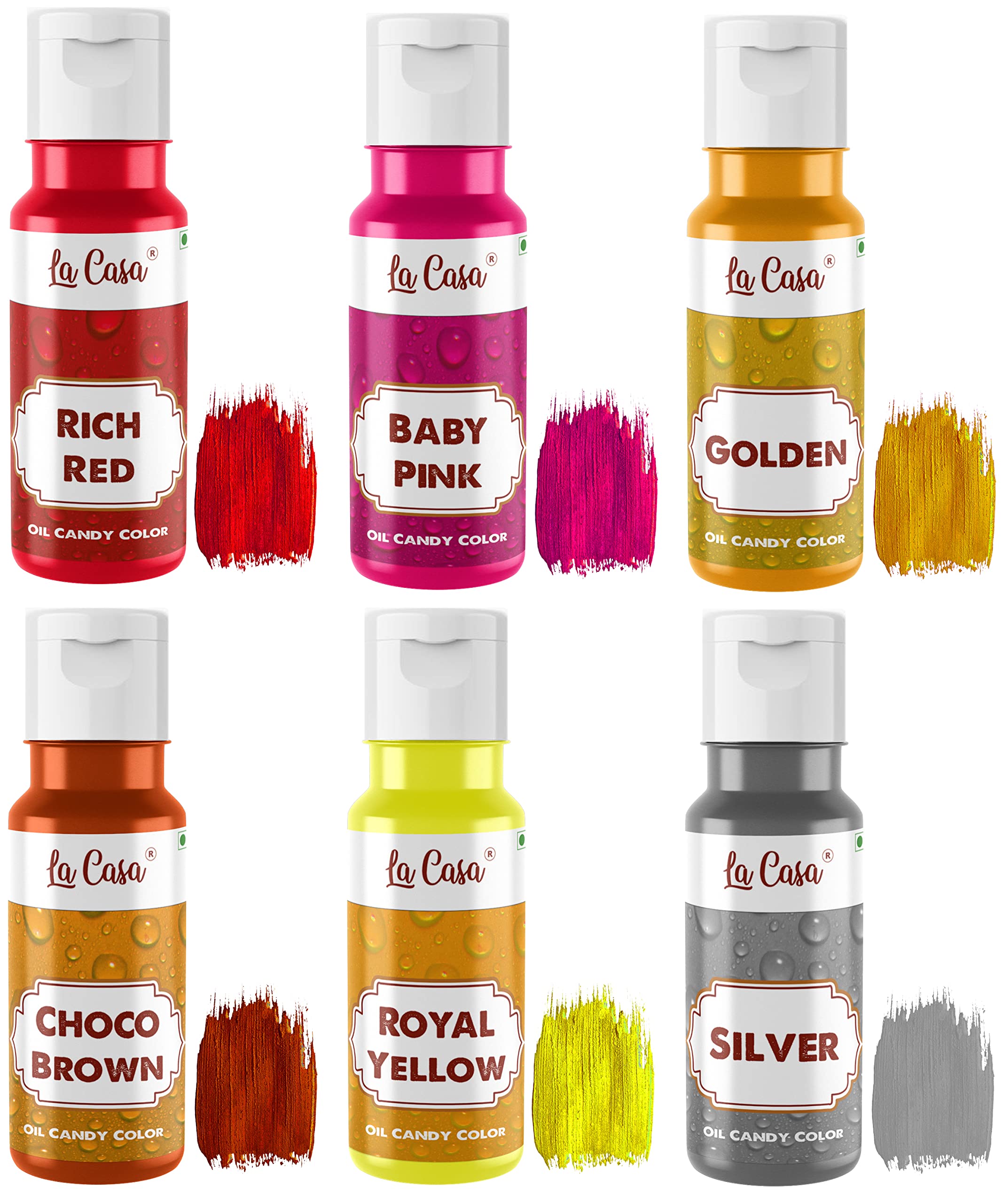 La Casa Edible Oil Candy Color - RED+PINK+BROWN+YELLOW+GOLDEN+SILVER | For Candy Melts, Chocolates & Oil based Products | 6x40ml |