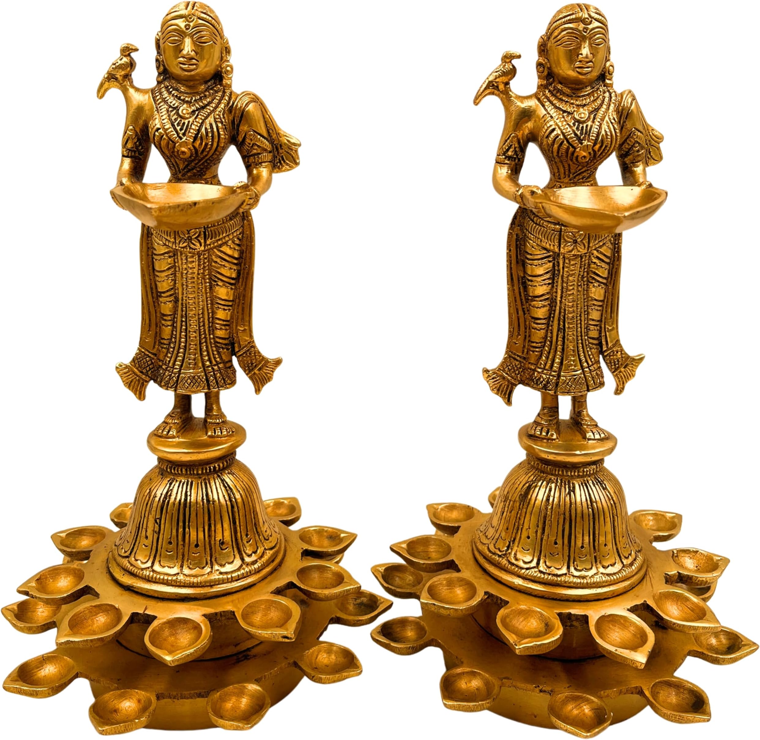 South Indian Arts Brass Deep Lakshmi Idols with Mutiple Diya, Deepam Lady Brass, Depa Laxmi Lady Standing with Lamps, Deeplakshmi, Deep Laxmi Set of 2,Gold, 11 Inch, 1 Piece