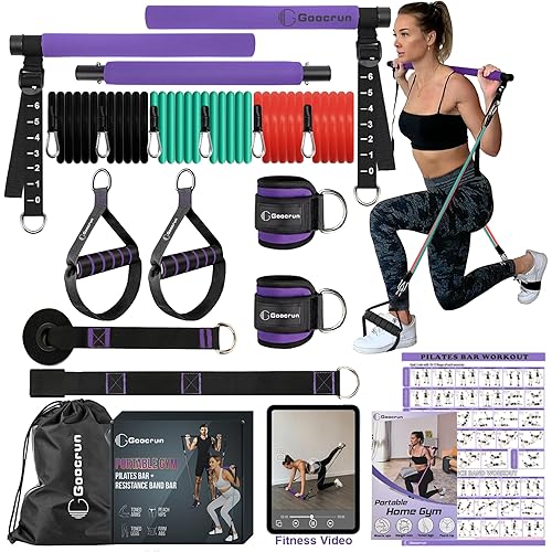 Portable Pilates Bar Kit with Resistance Bands for Men and Women - 3 Set Exercise Resistance Bands - Multifunctional Home Gym - Supports Full-Body Workouts – with Fitness Poster and Video