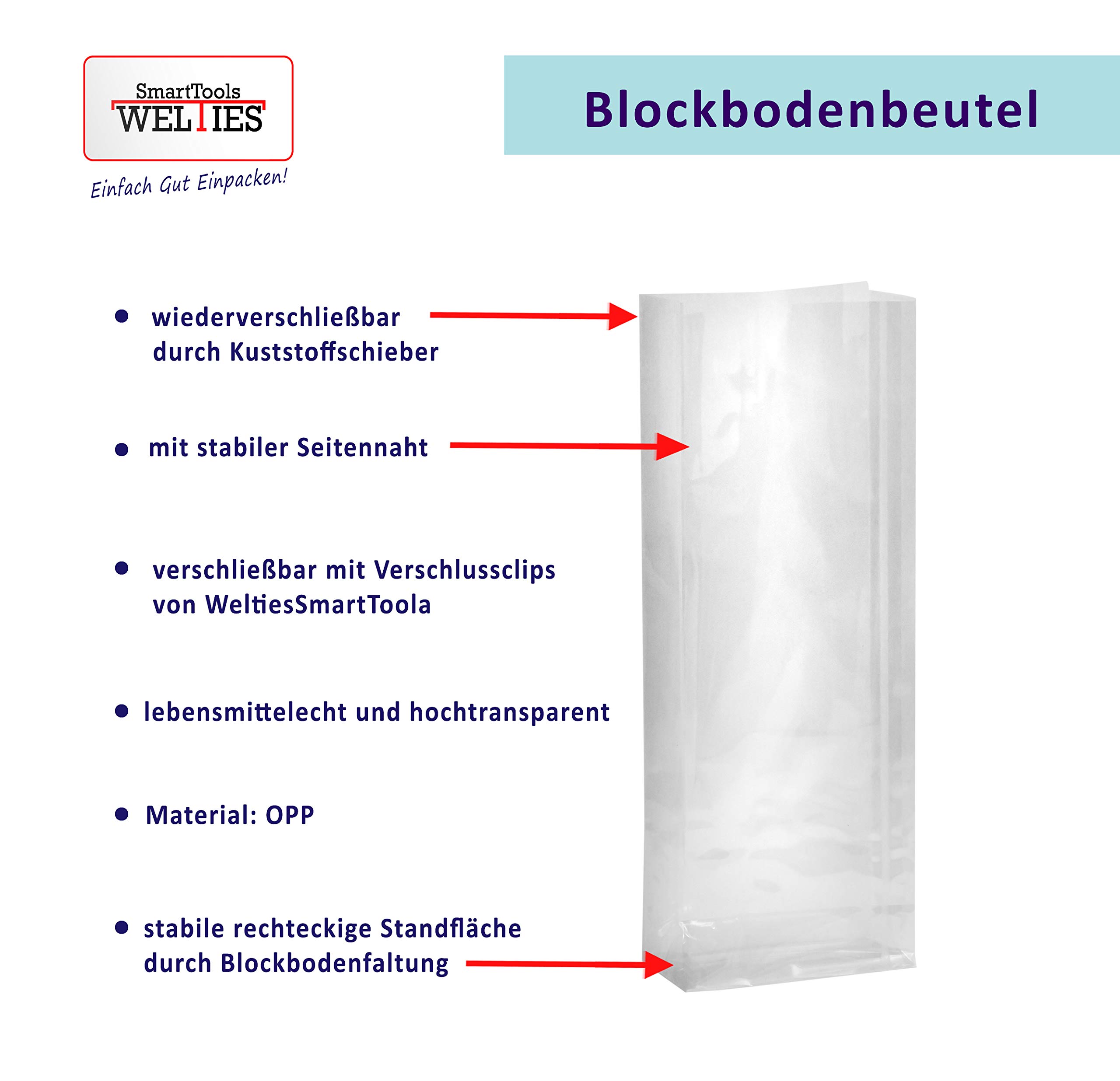 Blockbodenbeutel 50µ 100 + 60 x 280 mm 1000 Stück