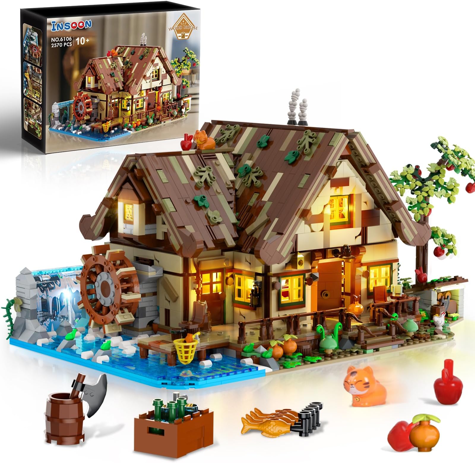 Wood House Building Set with LED Light, Mini Building Block, Wooden Cabin Construction Model for Adults Teens Kids Boys Girls 10+