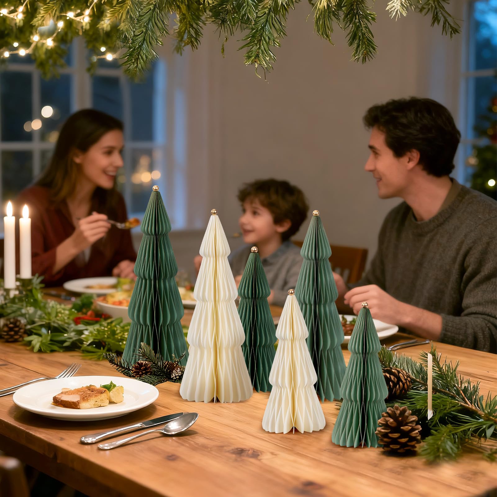 SUNBEAUTY 6 Stück weihnachtsdekoration Tischdeko matt Grün 3D Papier Weihnachtsbaum Waben Papiertannenbäume mit Metallkugel Christmas Baumschmuck Deko für Esstisch Schrank Fensterbank Kaminsims