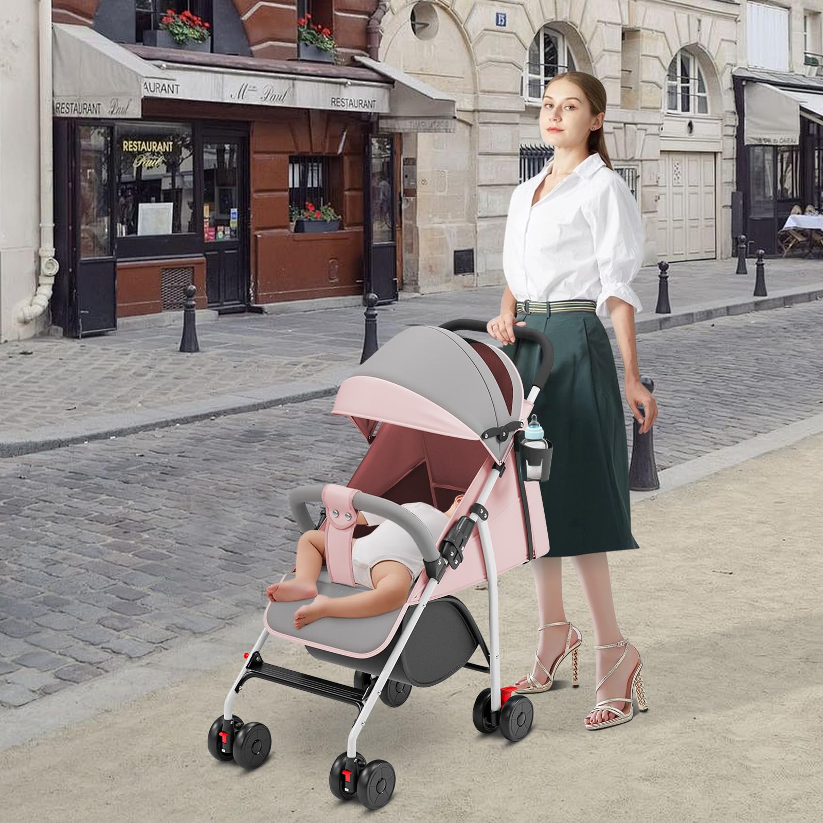 Poussette 2 en 1 pliable, légère et pratique, avec capote et ceinture de sécurité Assise et allongée, roues en mousse EVA résistantes Rose