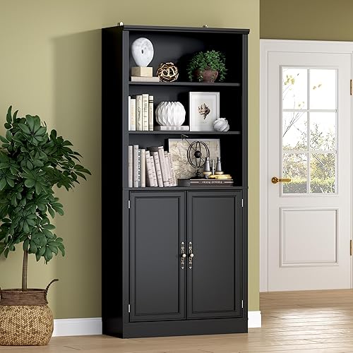 Miniatura 21 de Estantería de 71.4 pulgadas de alto con cajones y gabinete, estantería de pie de 5 niveles con puertas de almacenamiento, estantes ajustables y asas