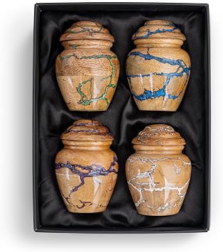 Blue Resin Wood Cremation Urns Multi-Pack - 3 Cubic Inch Thunderstorm Keepsake Set of 4 - Small Epoxy Memorial Vessels for Human Ashes Adult Male Female