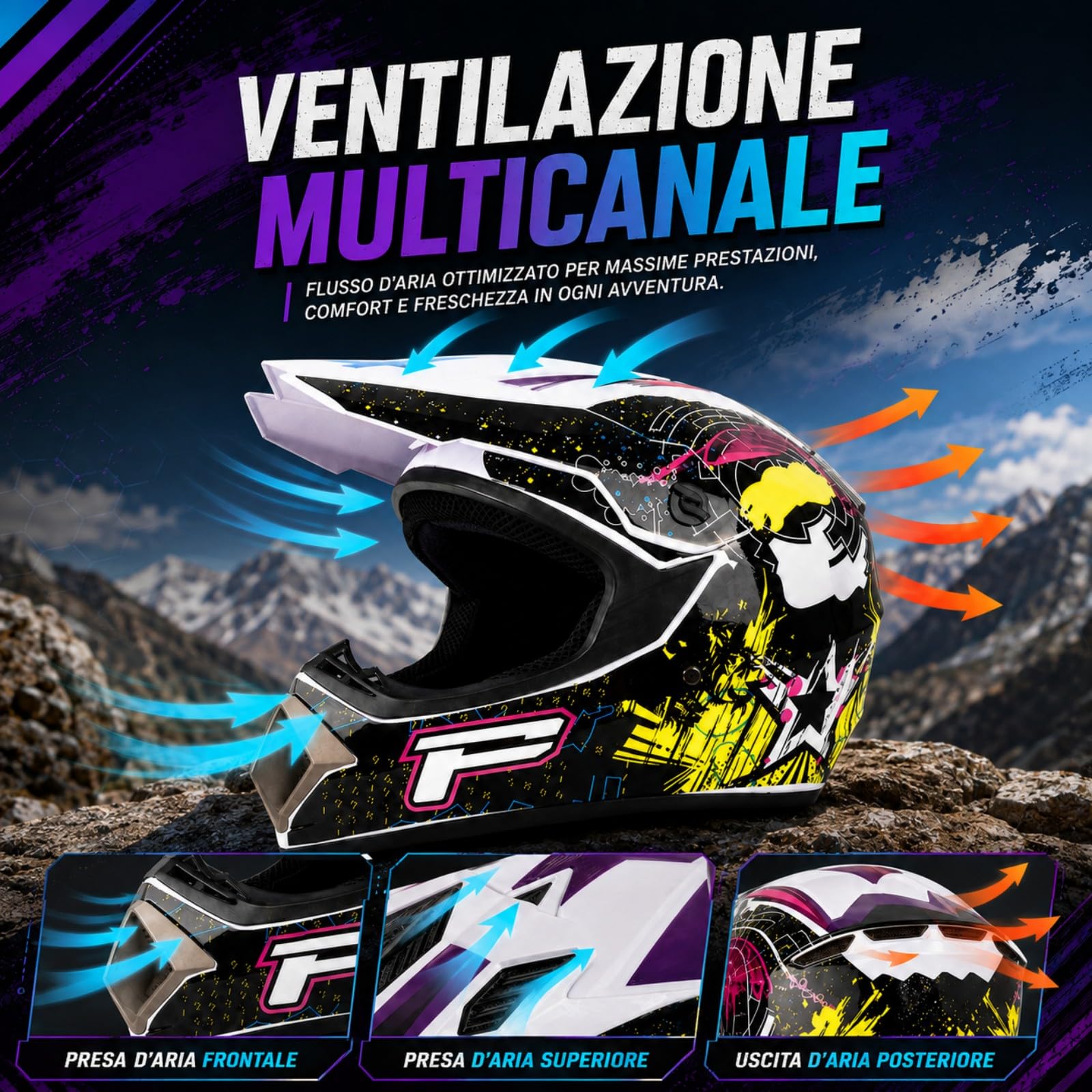 Casco Cross bianco, nero e giallo con Occhiali e Guanti