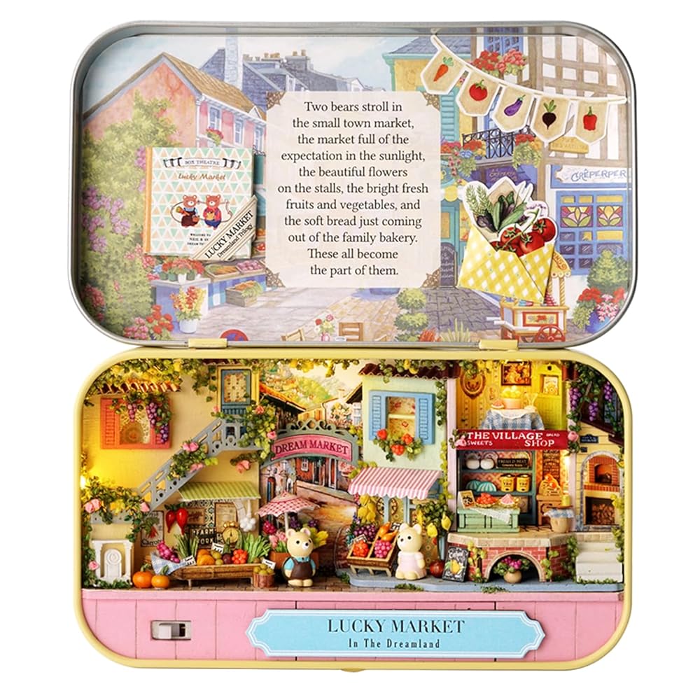 MAGQOO Miniature Dollhouse Kit Box Theater Kit Miniature Room Kit 3D DIY Wooden Doll House Kit with Furniture 1:100(Lucky Market)