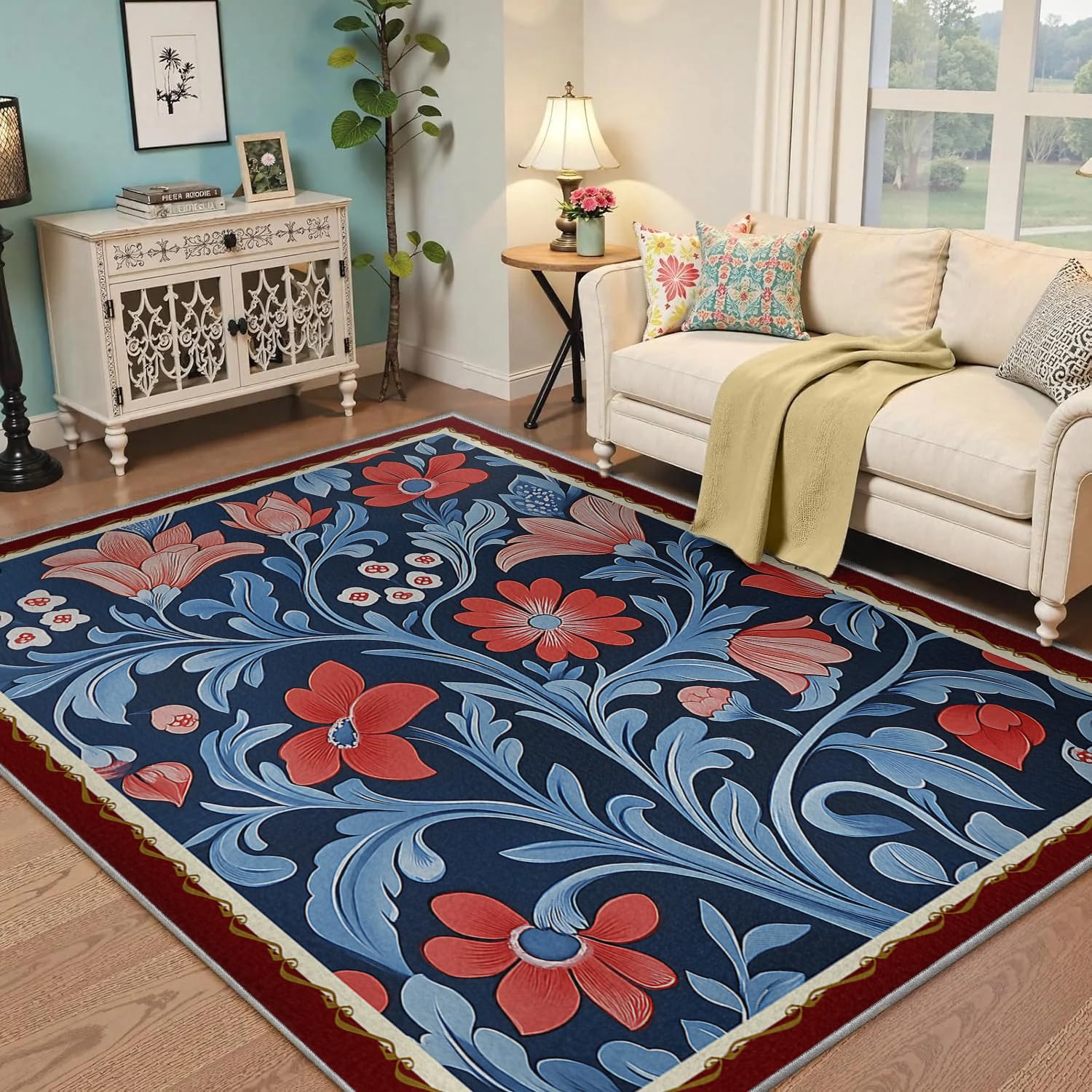 Tapis lavables 140x180cm vintage bleu rouge crème pour un salon élégant