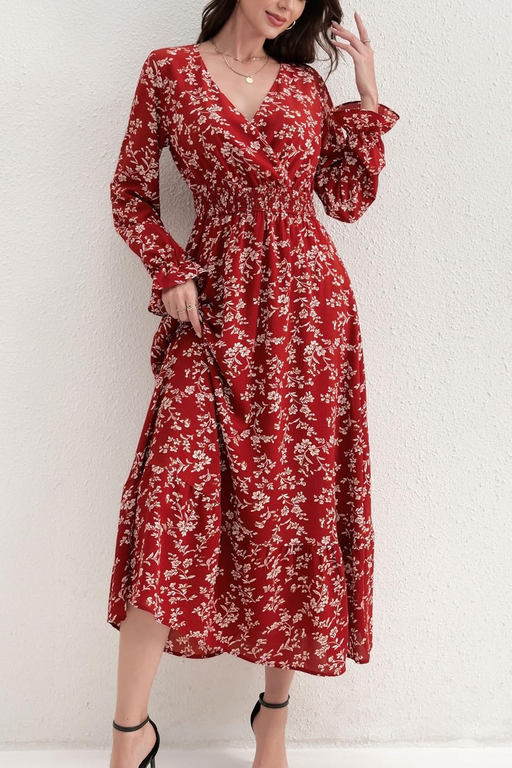 Long Sleeve Dress for Women Red Floral Maxi Dress V-Neck Smocked Elastic Waist Casual Bohemian Style - Image 5