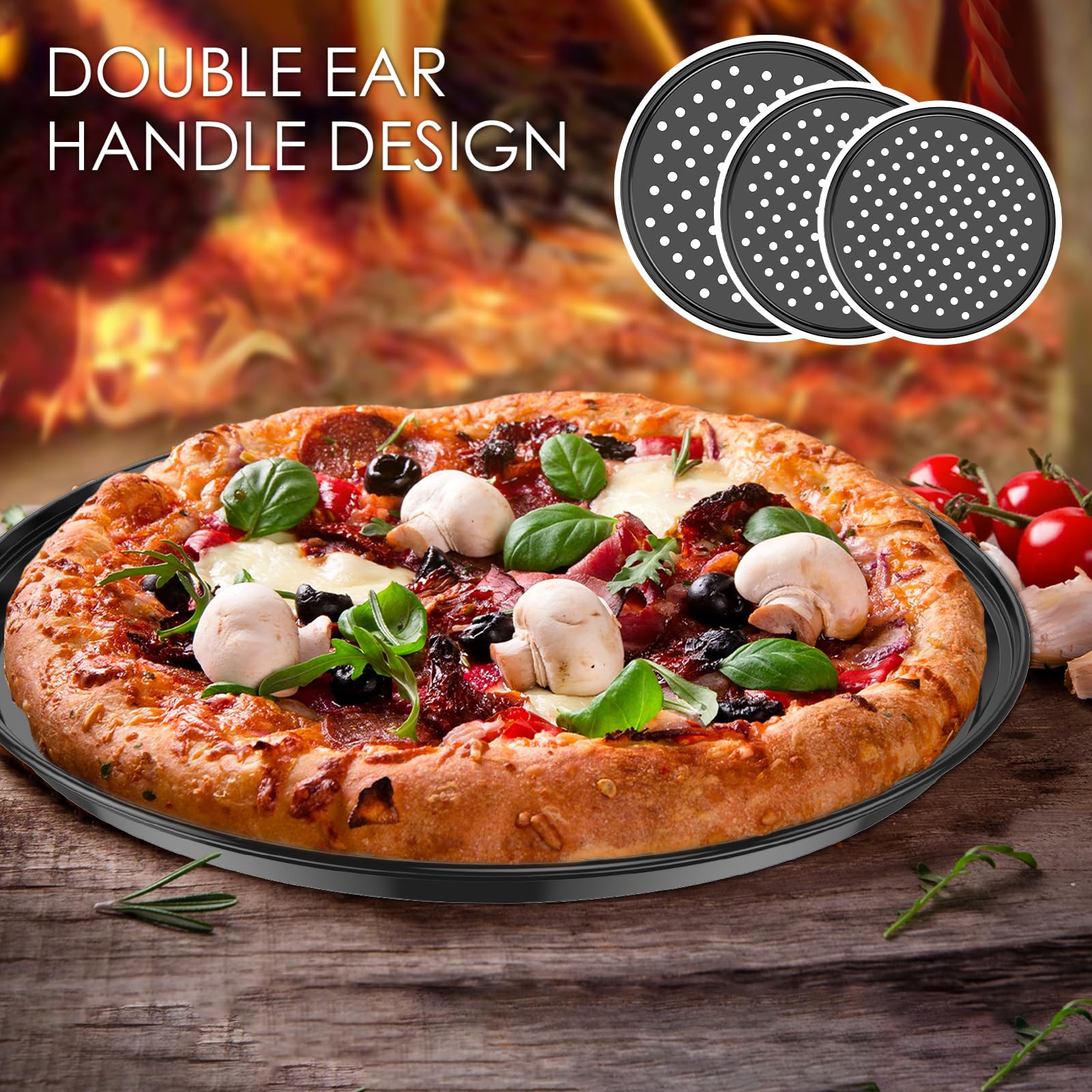 LYDODOKA Pizza Pan for Oven, Round Pizza Pan with Holes, Non-Stick Carbon Steel Pizza Tray, Pizza Baking Sheet for Cooking, Baking and Grilling - Dishwasher Safe (3-Set-Size), Black