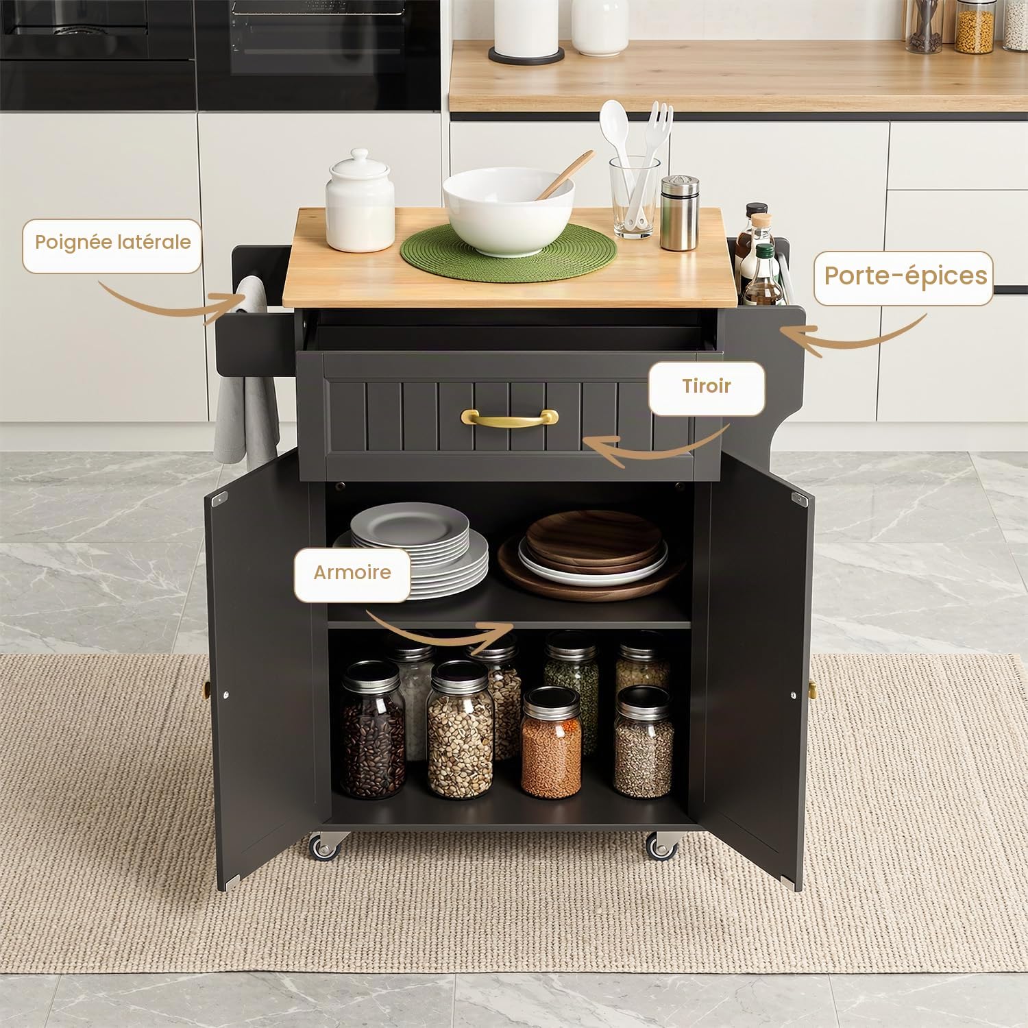 Desserte de Cuisine à roulettes, Îlot de Cuisine Mobile avec 1 Tiroir et 2 Placards, Porte-torchons, étagère réglable, pour Salle à Manger, Salon, 84 × 45 × 85 cm, Noir